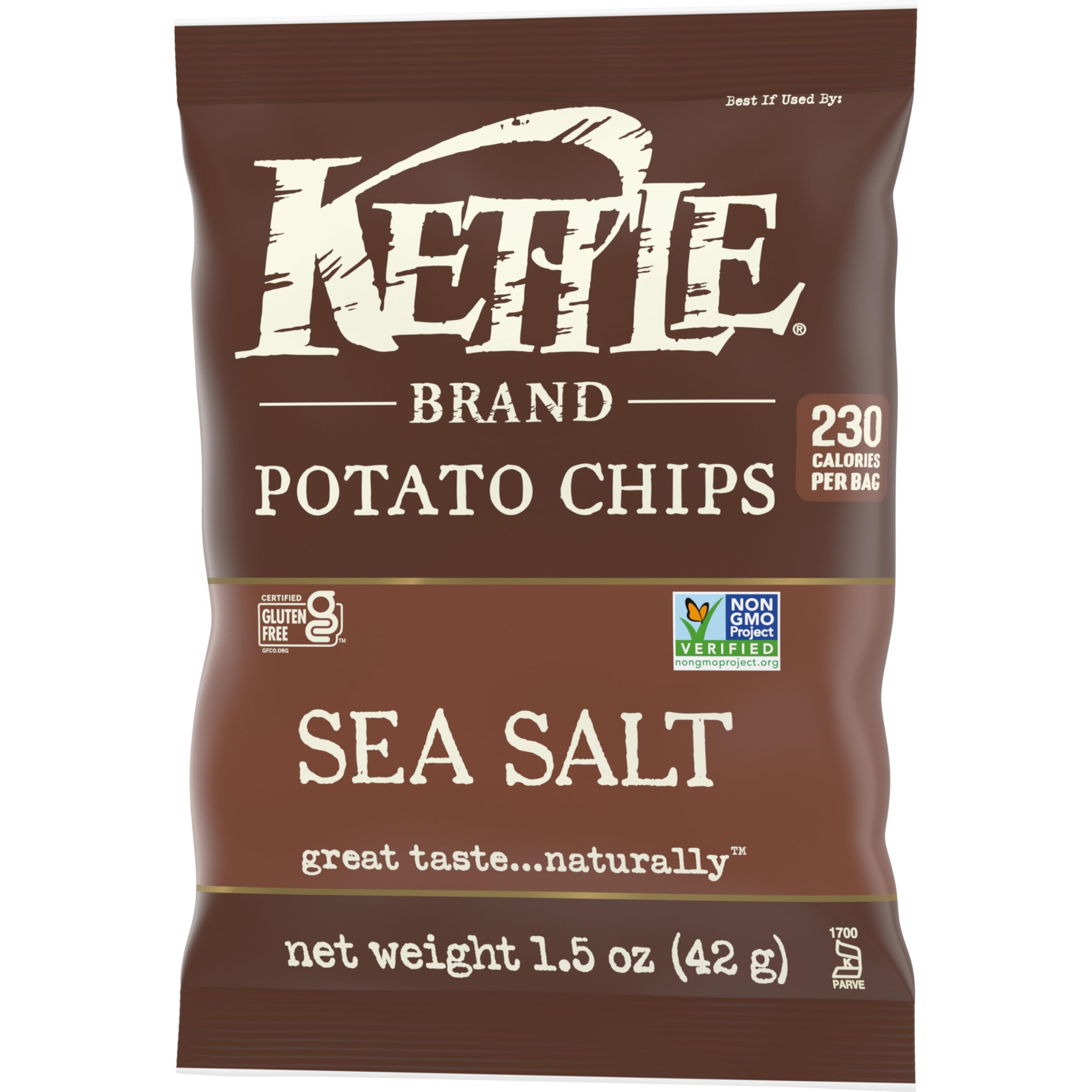 Kettle Brand Sea Salt Chips inside bag shows single-serve convenience.