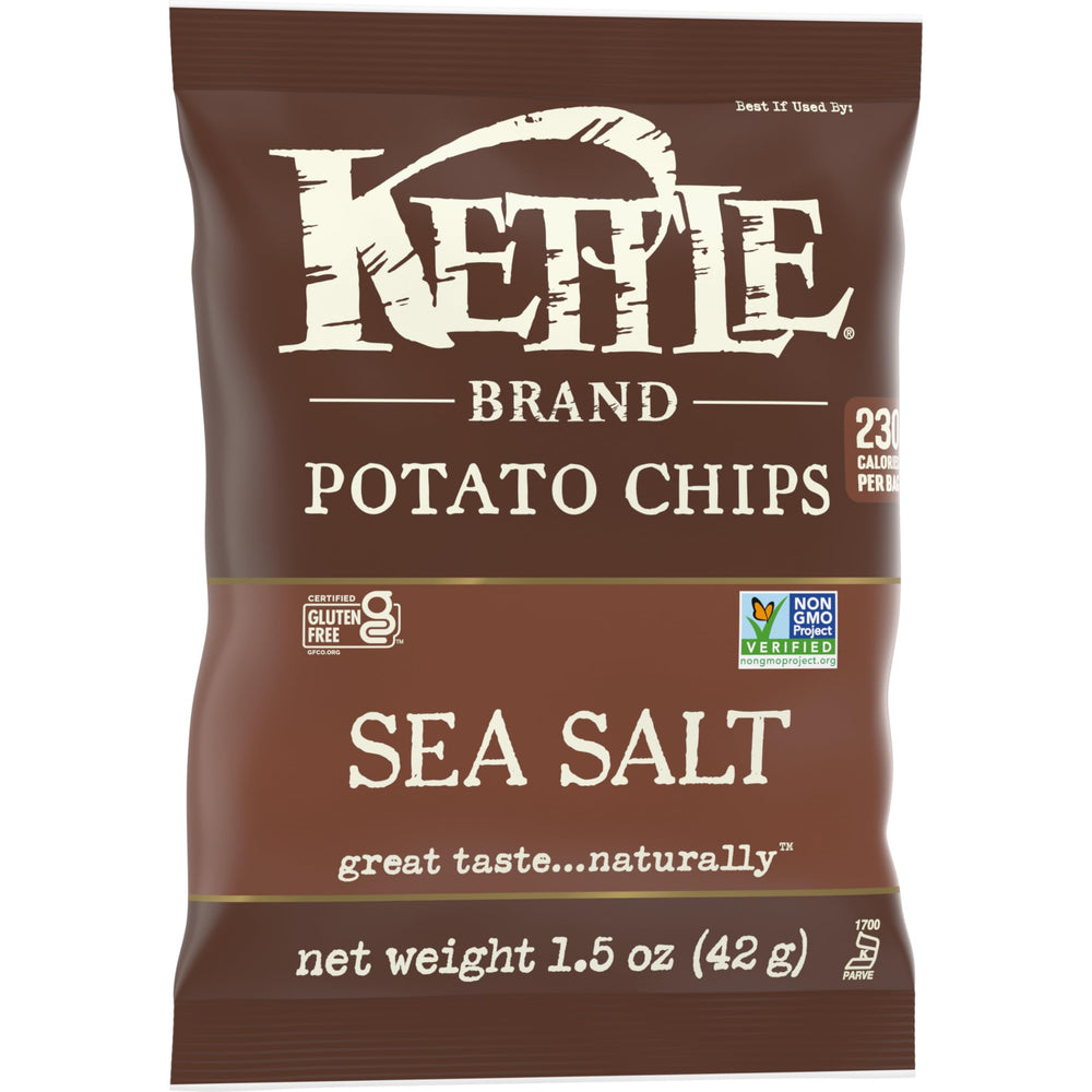 Kettle Brand Sea Salt Chips side view reveals golden chips and sea salt finish.