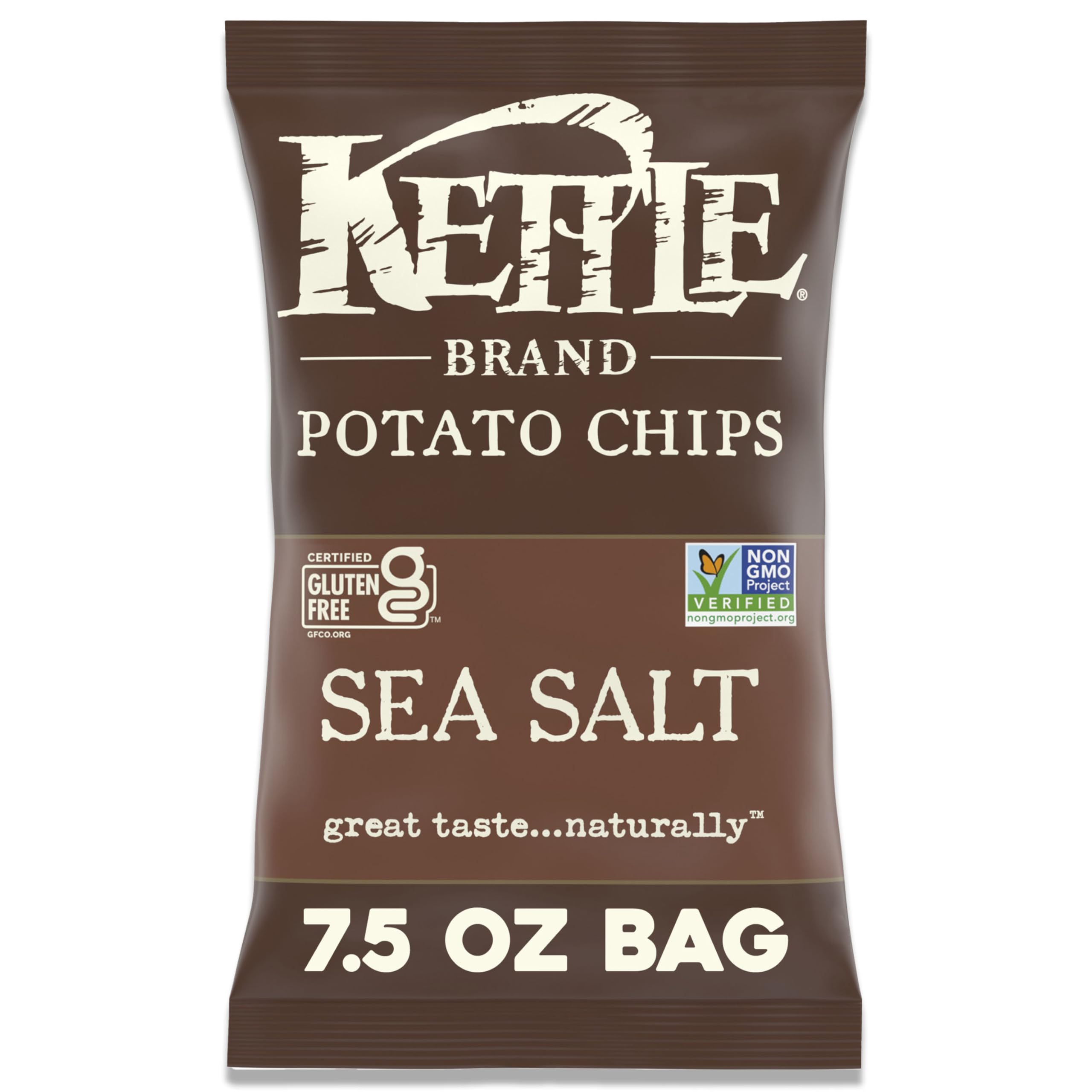 Kettle Brand Sea Salt Chips in bag, ideal pantry snack with bold crunch.