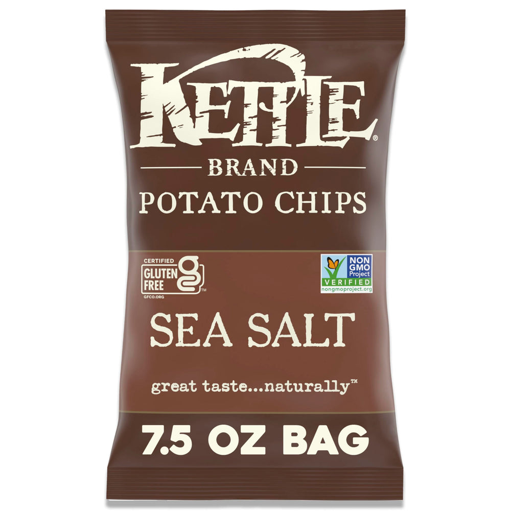 Kettle Brand Sea Salt Chips in bag, ideal pantry snack with bold crunch.