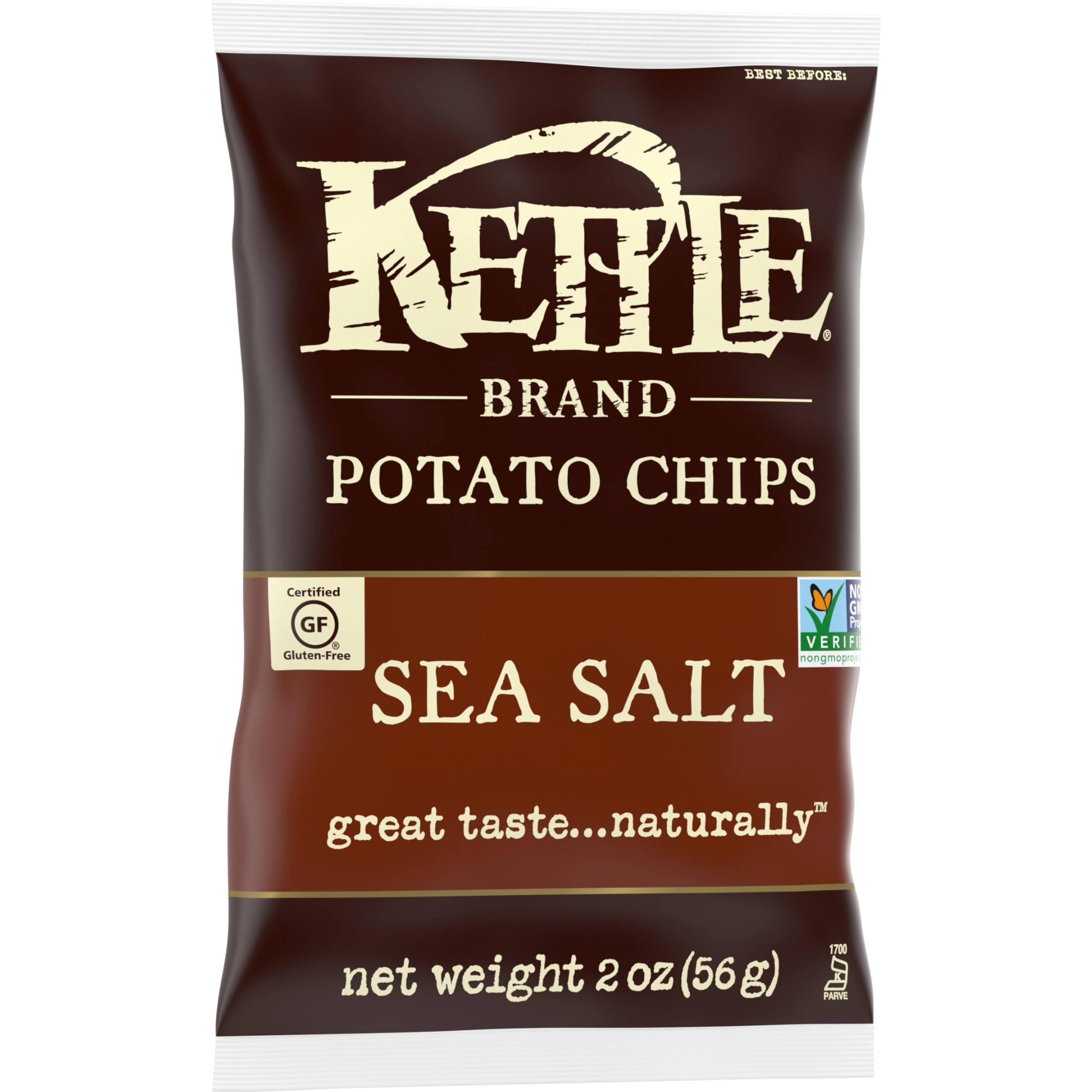 Kettle Brand Sea Salt Chips promoted as non-GMO and gluten-free.