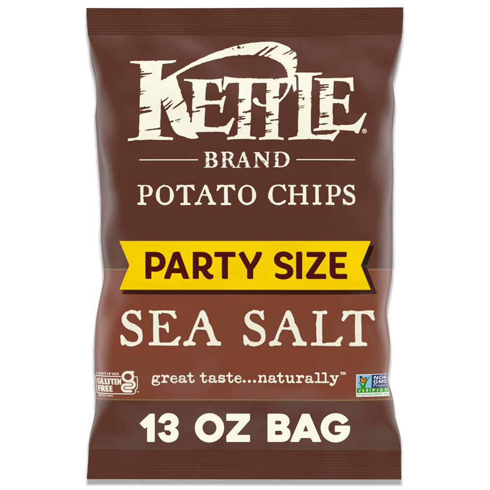Kettle Brand Sea Salt Potato Chips pack close-up, crave-worthy crunch.