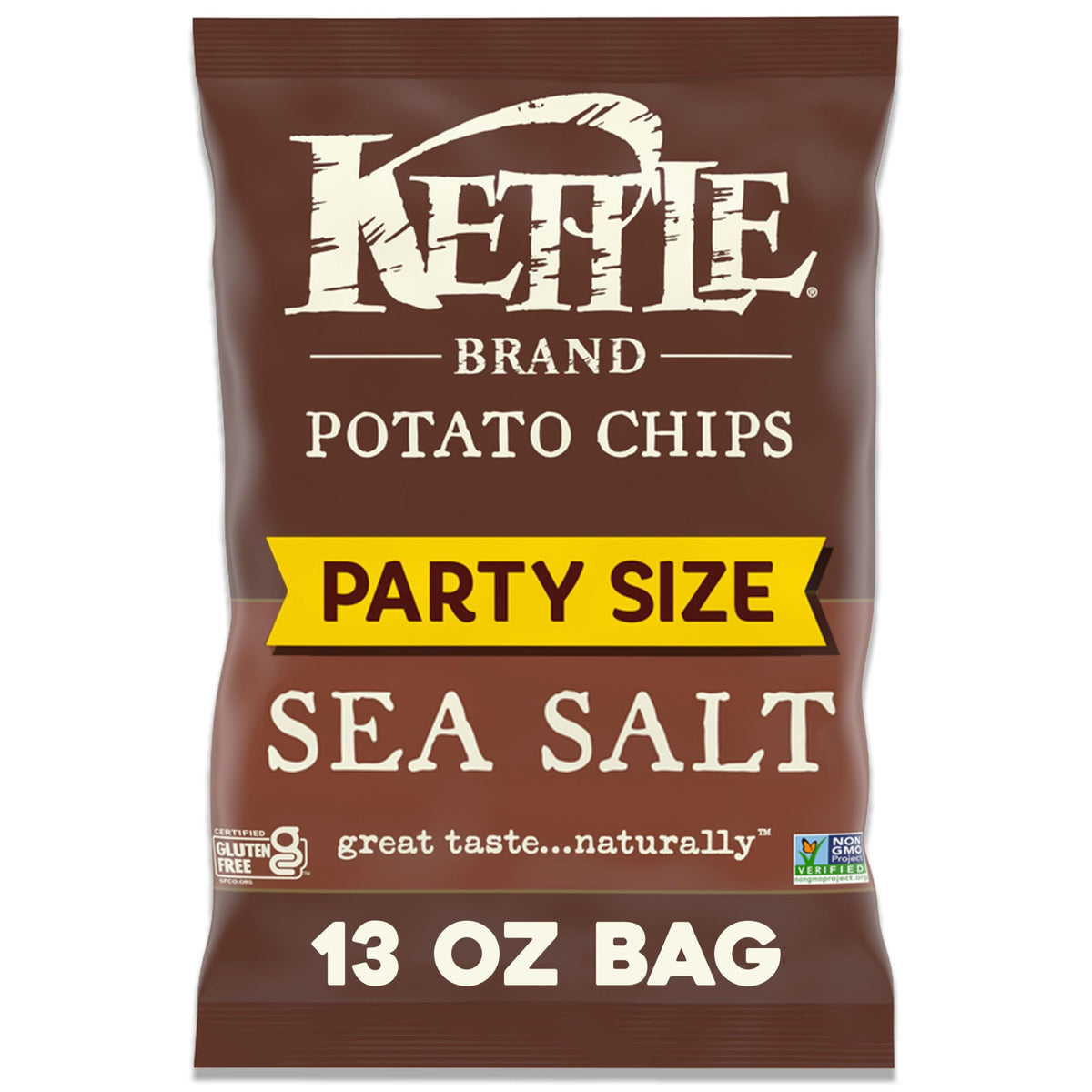 Kettle Brand Sea Salt Potato Chips pack close-up, crave-worthy crunch.