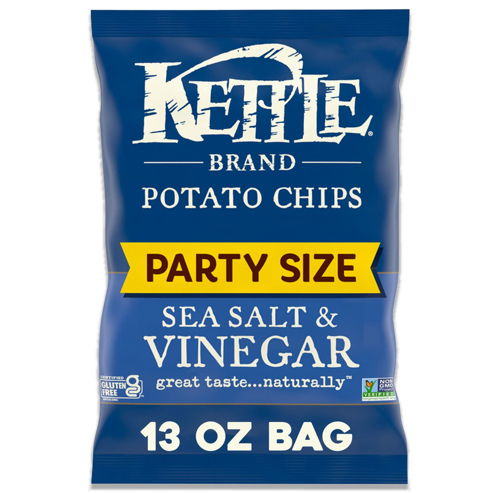Kettle Brand Sea Salt & Vinegar chips in bag, crisp and savory for gatherings.
