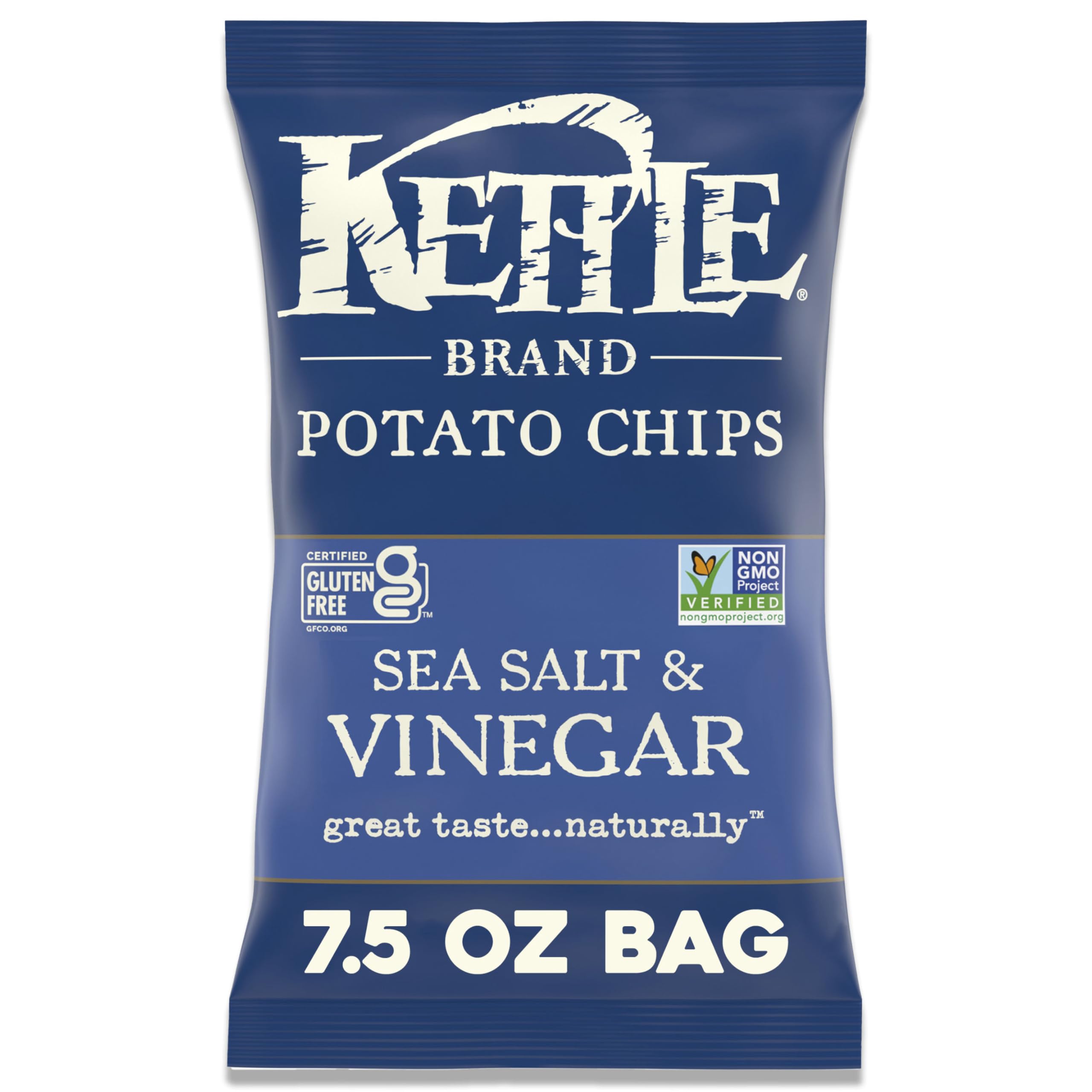 Kettle Brand Sea Salt and Vinegar bag on pantry shelf for quick snacking