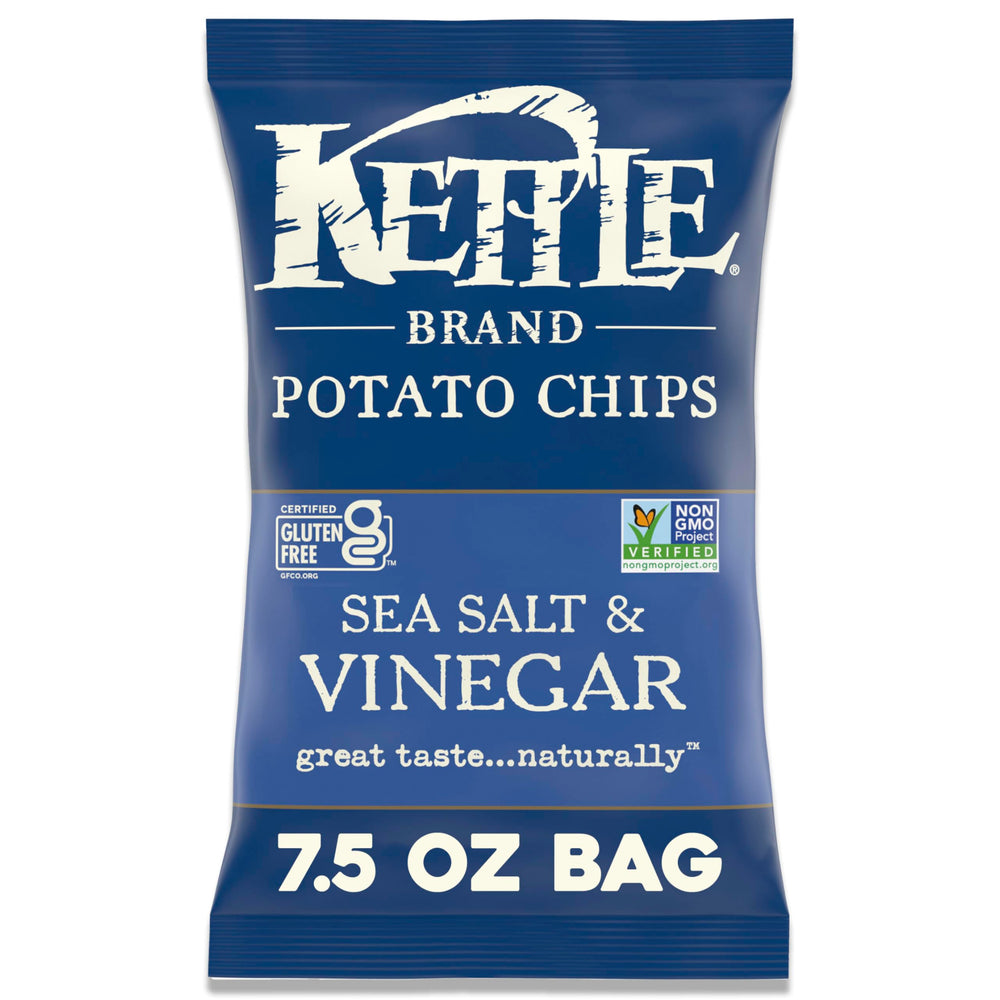 Kettle Brand Sea Salt and Vinegar bag on pantry shelf for quick snacking