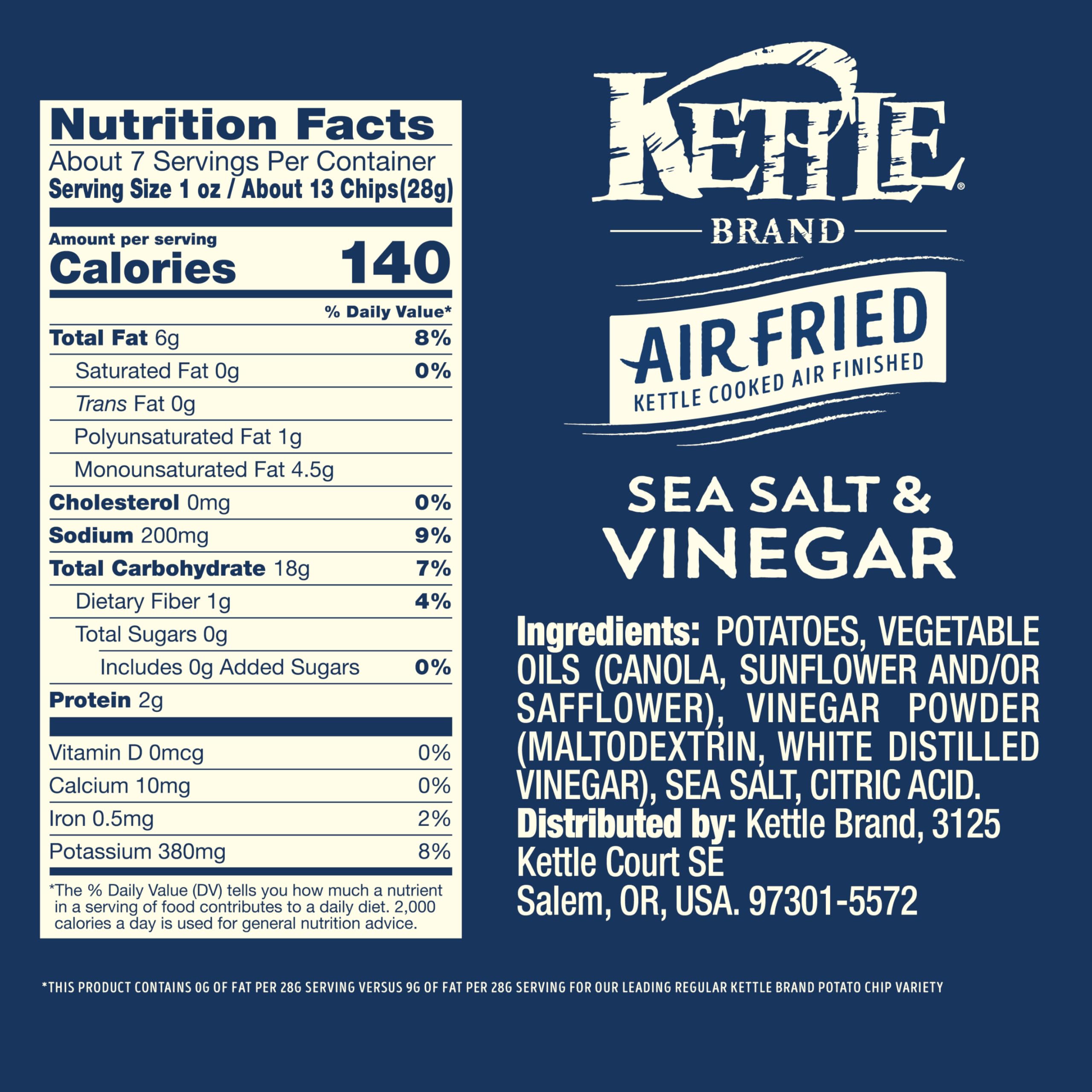 Kettle Brand sea salt vinegar chips in bag highlight bold, zesty flavor.