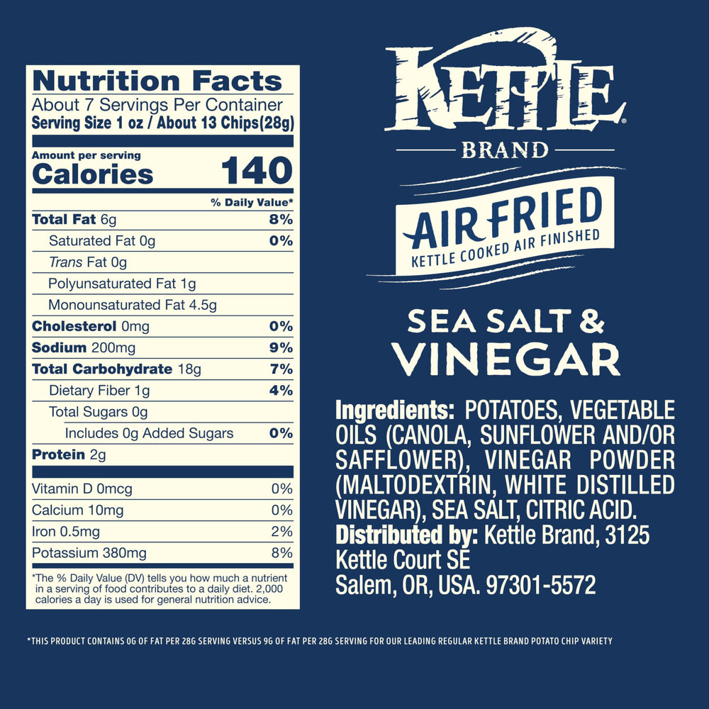 Kettle Brand sea salt vinegar chips in bag highlight bold, zesty flavor.