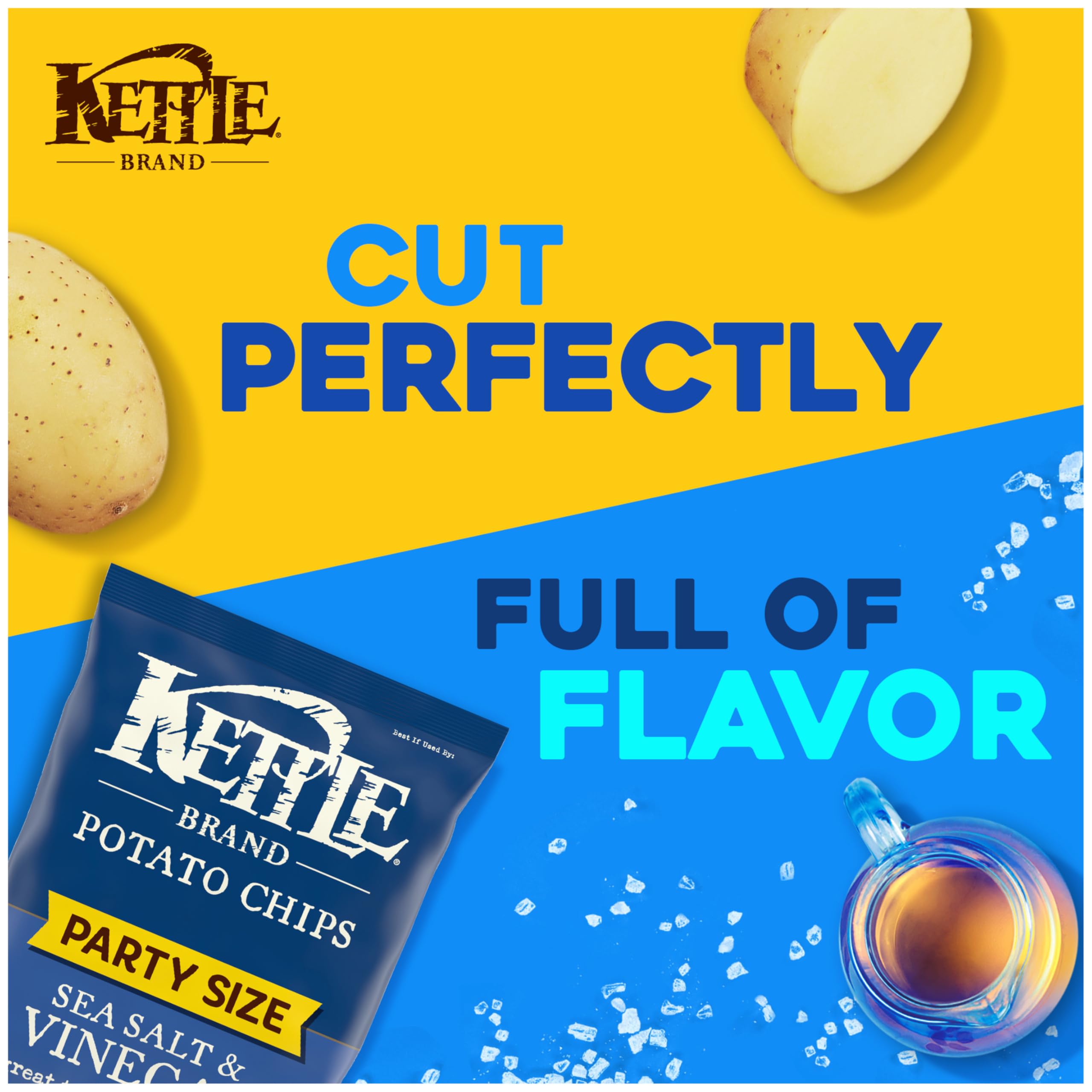 Close-up of Kettle Brand Sea Salt & Vinegar crisps showing bold tang and crunch.