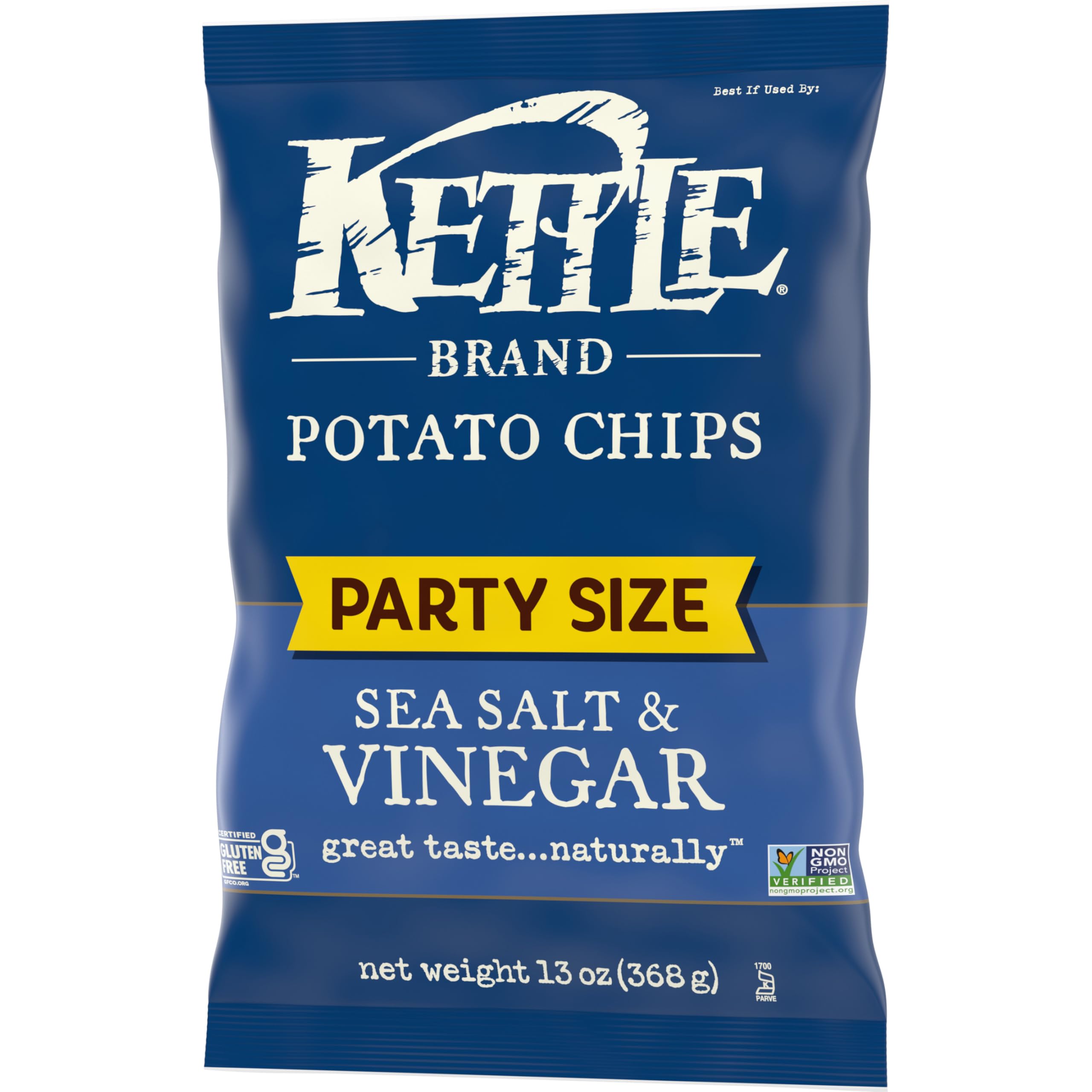 Kettle Brand gluten-free certification seal near Sea Salt & Vinegar chips.