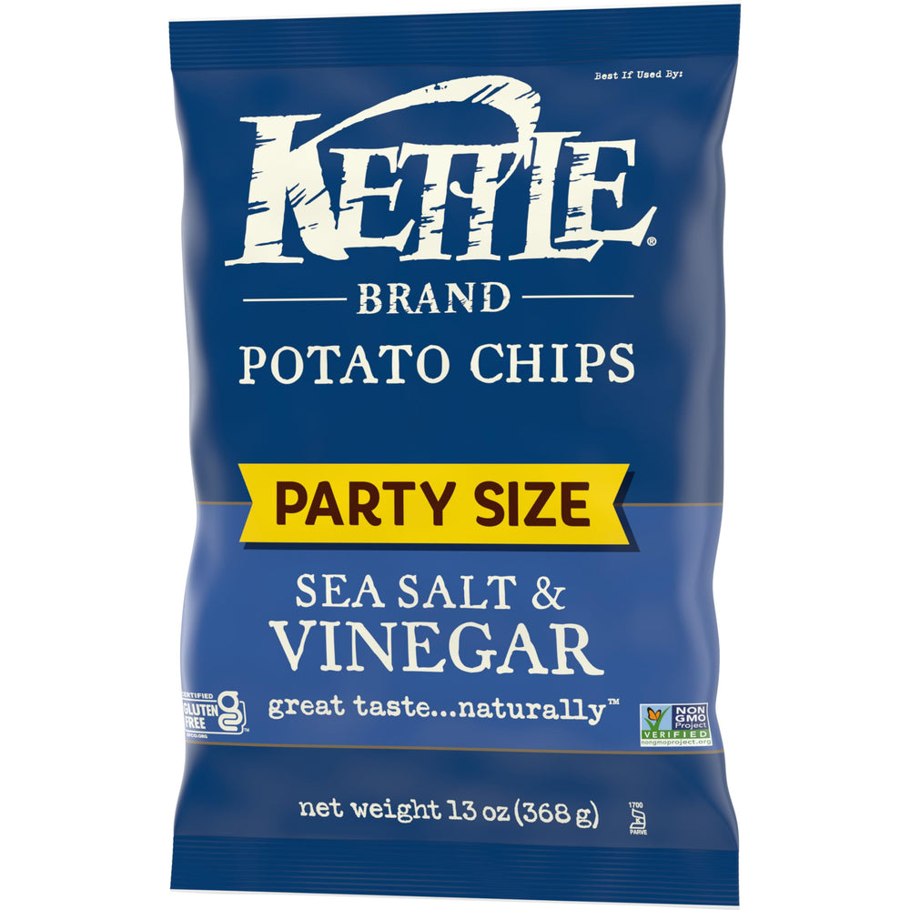 Kettle Brand gluten-free certification seal near Sea Salt & Vinegar chips.