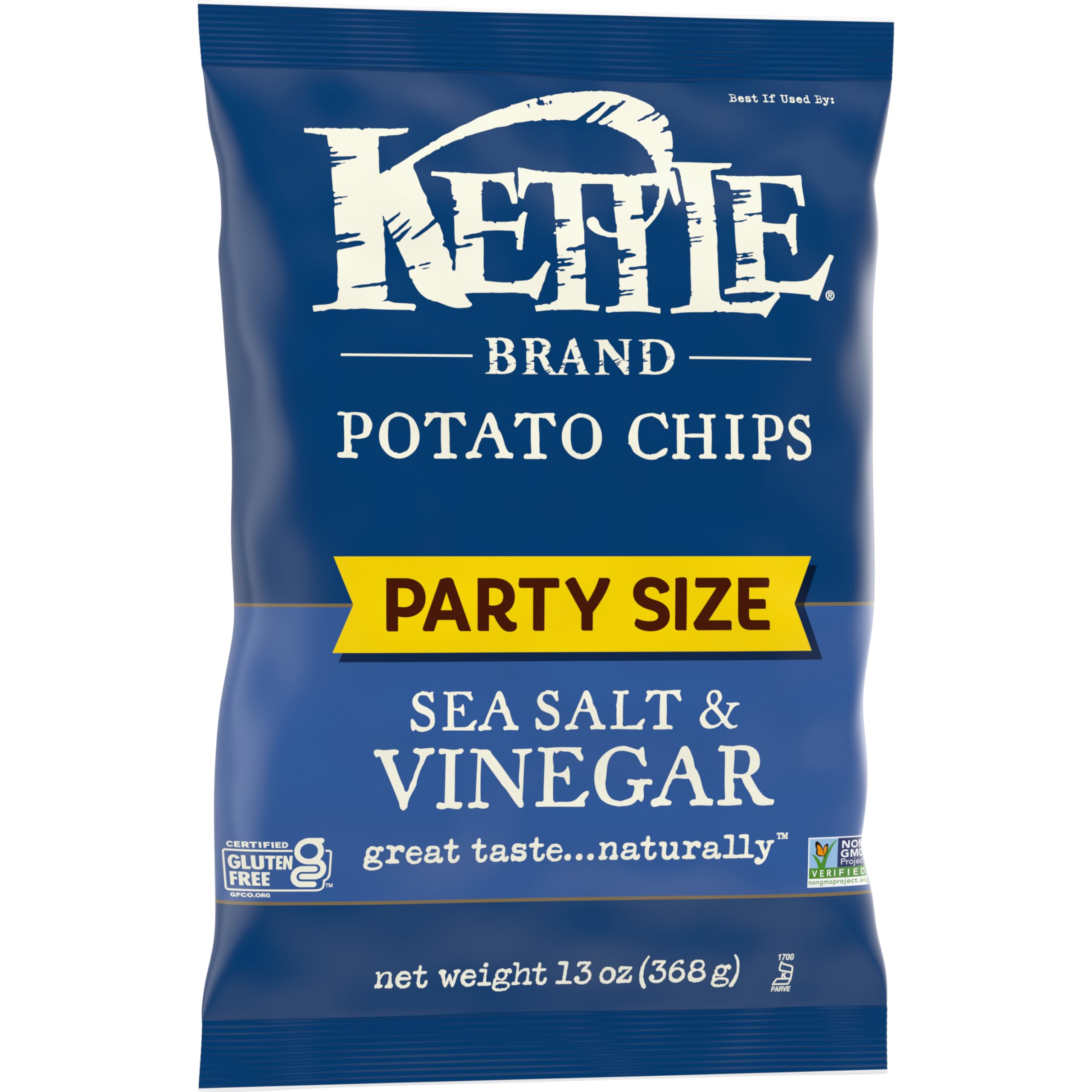 Kettle Brand non-GMO verified icon beside chips, snack you can feel good about.