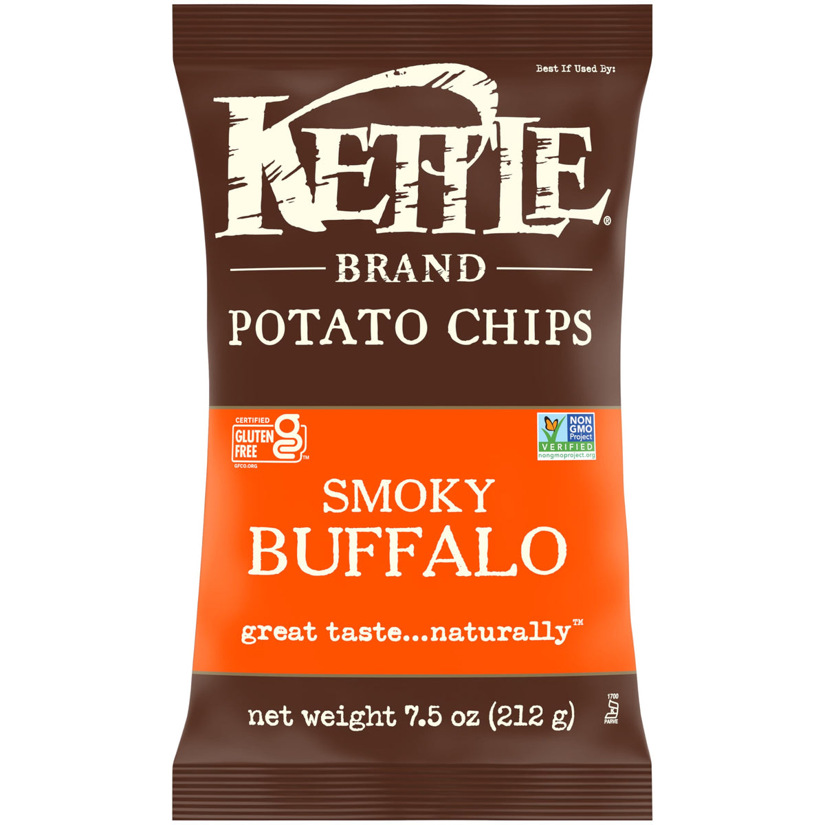 Kettle Brand Smoky Buffalo chips bag closeup highlighting bold flavor and crunch.