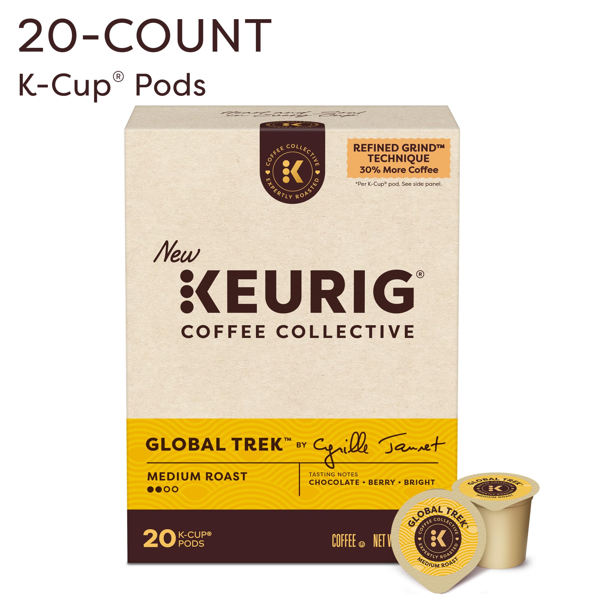 Keurig Coffee Collective Global Trek packaging highlights premium pods for convenient single-serve routines.