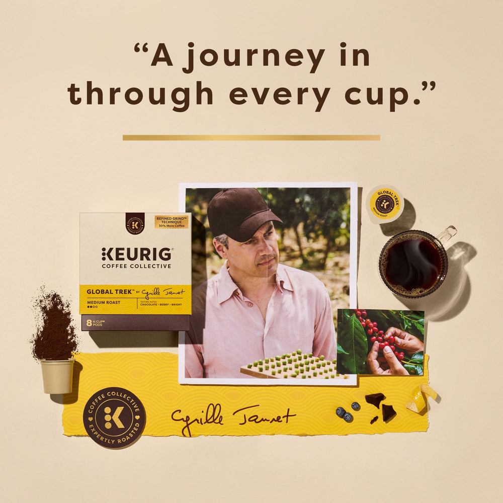 Keurig Coffee Collective Global Trek tasting notes image emphasizes caramel, berry, and chocolate hints.