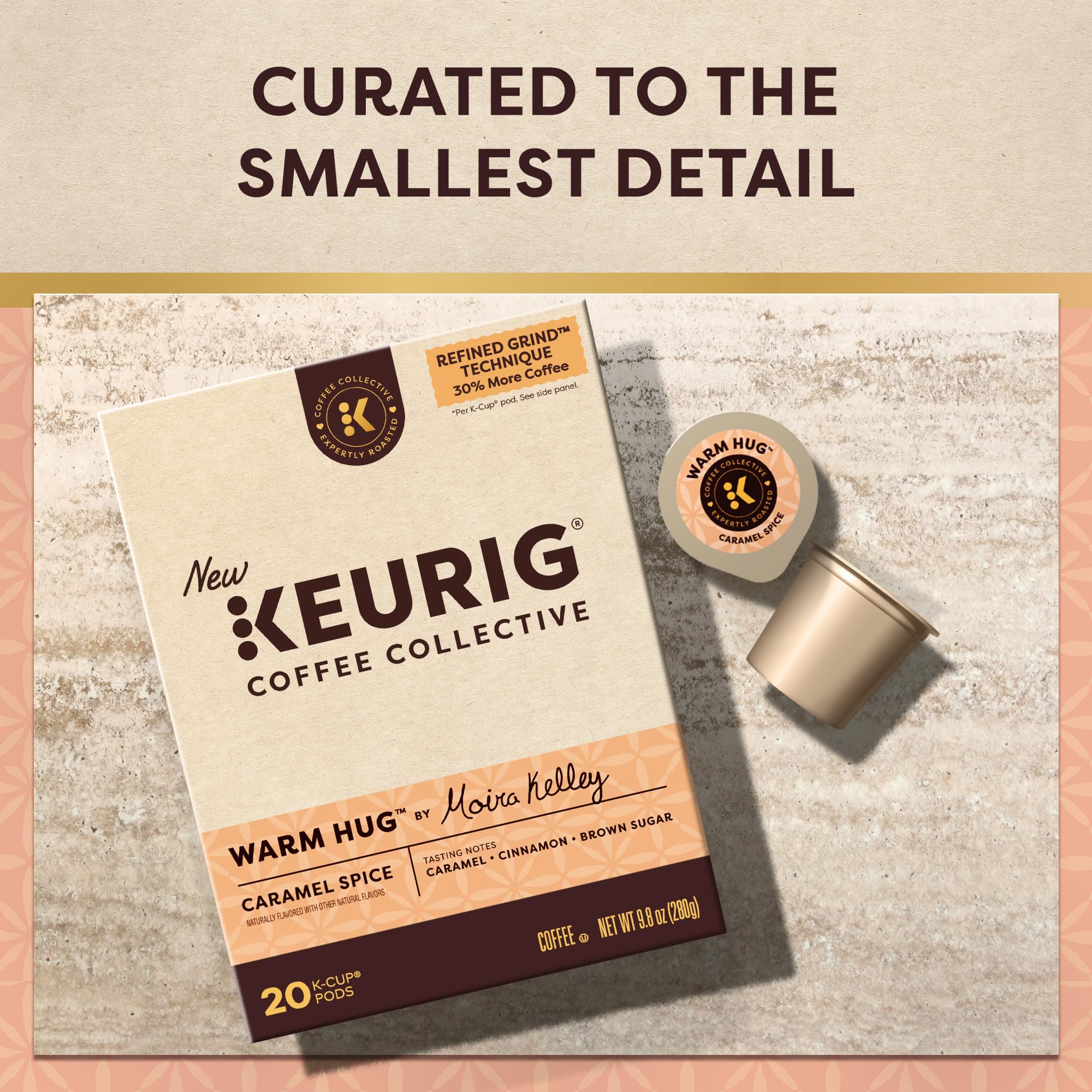 Keurig Coffee Collective variety roasts display with Warm Hug and other options.