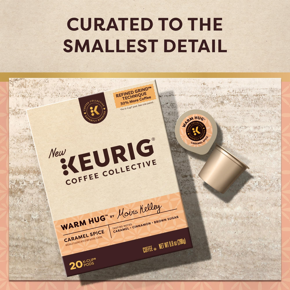 Keurig Coffee Collective variety roasts display with Warm Hug and other options.