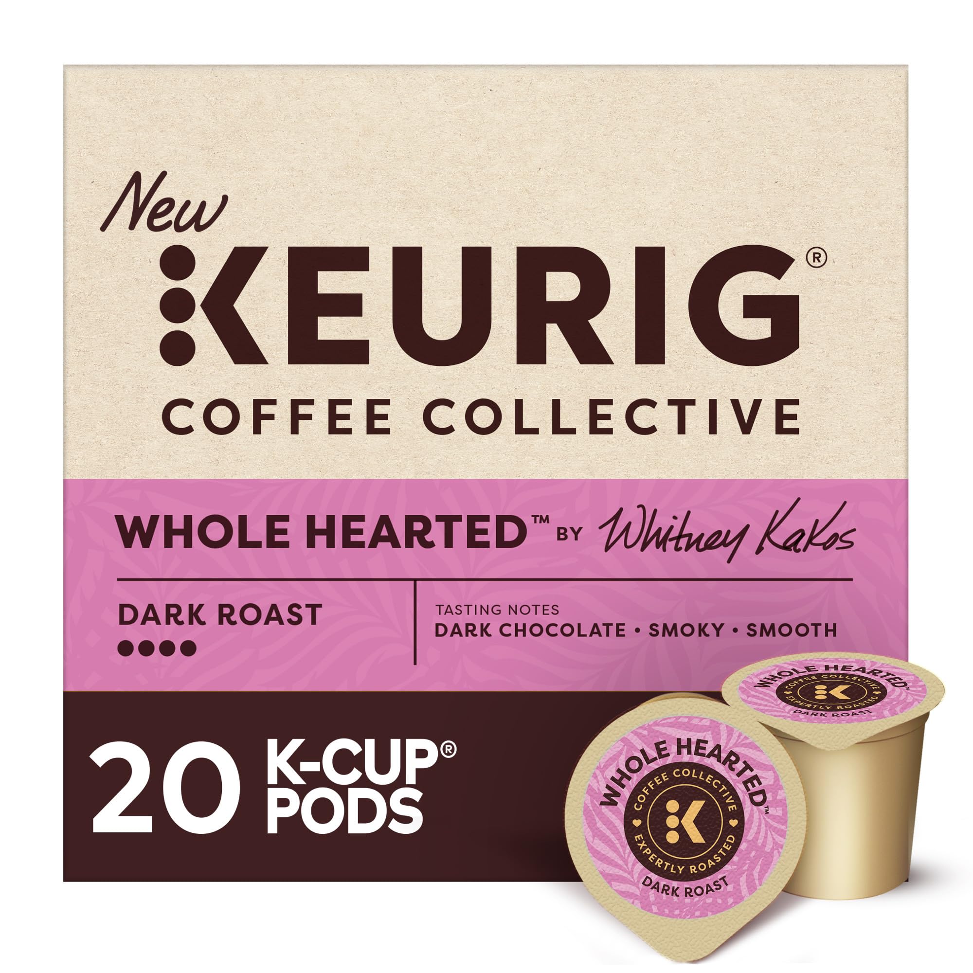 Whole Hearted dark roast bag from Keurig Coffee Collective on a kitchen counter, inviting aroma.