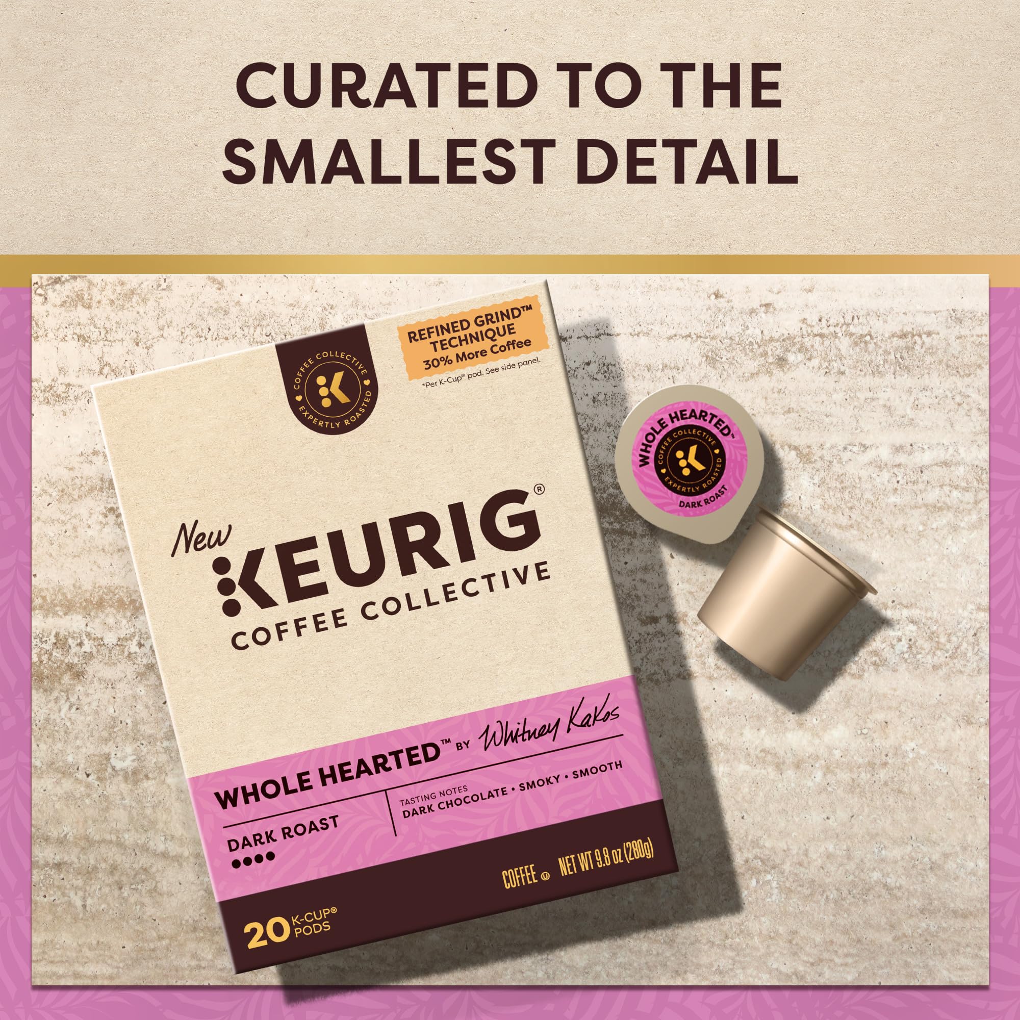 Refined Grind technique icon on packaging, promising denser grounds for richer brew.