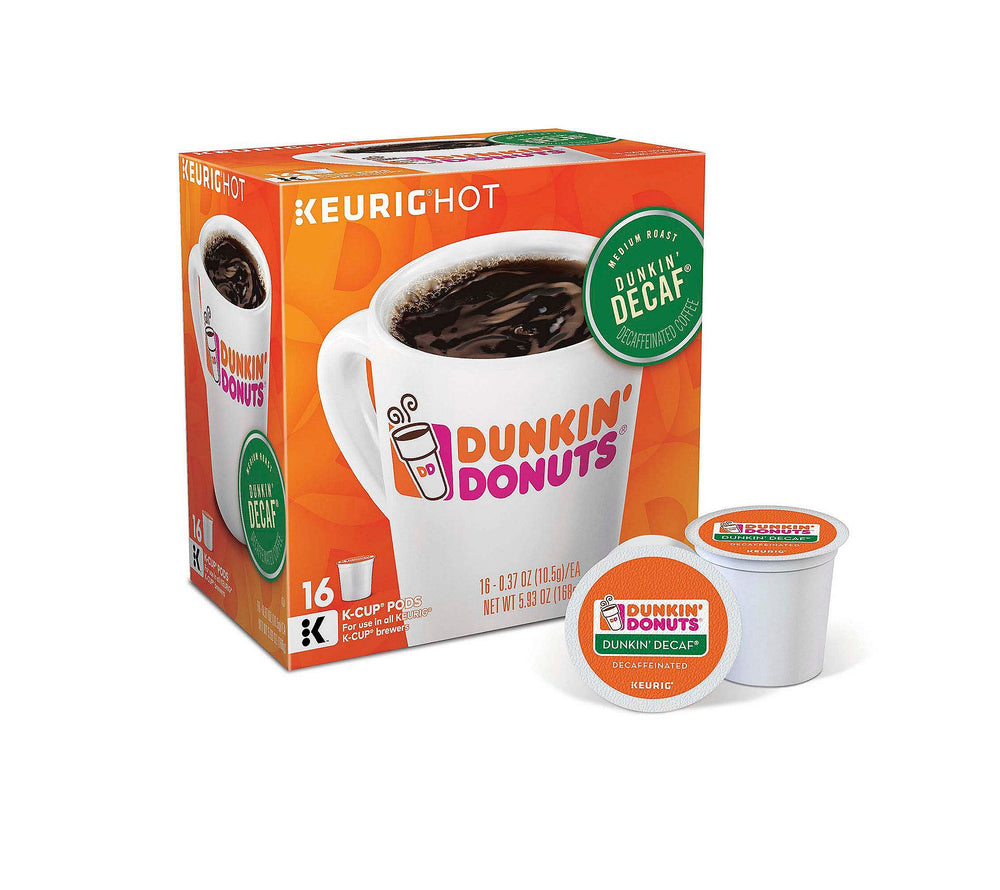 Keurig Dunkin Decaf K-Cup pods on packaging front, ideal for quick mornings.