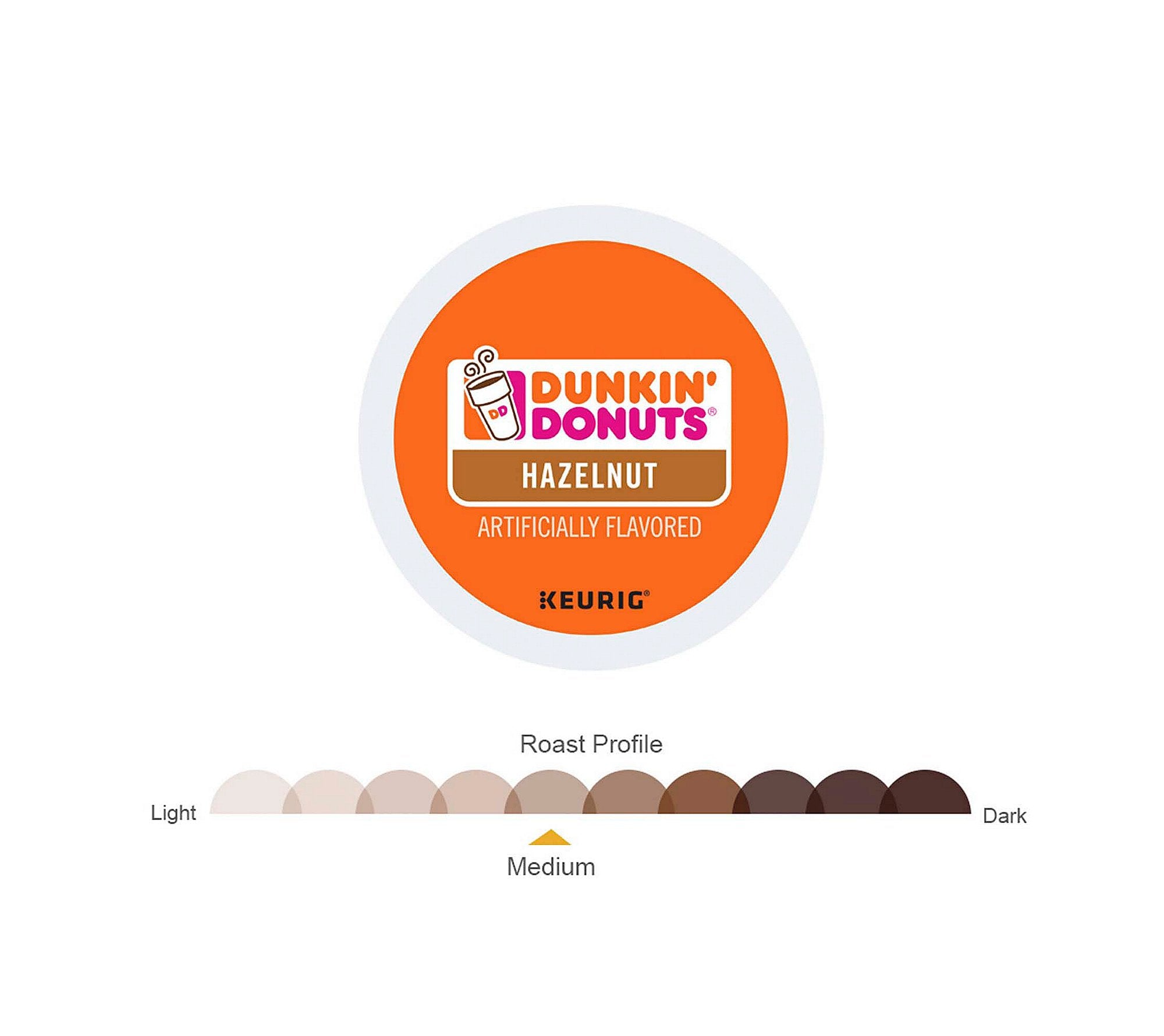 Keurig Dunkin Hazelnut K-Cup pods display emphasizes aroma-ready coffee in minutes.