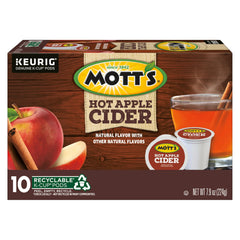 Close-up of Keurig Mott's Fall Spice Apple Cider pods showcasing 100% apple juice base.