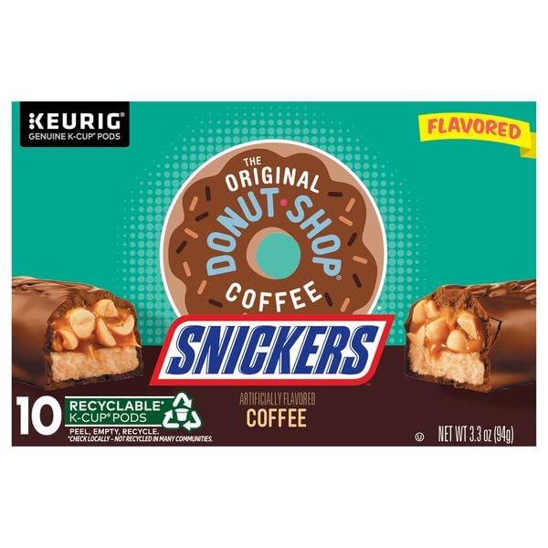 Keurig Mountain Coffee Snickers K-Cup pods in a 10-count box for convenient single-serve brewing.