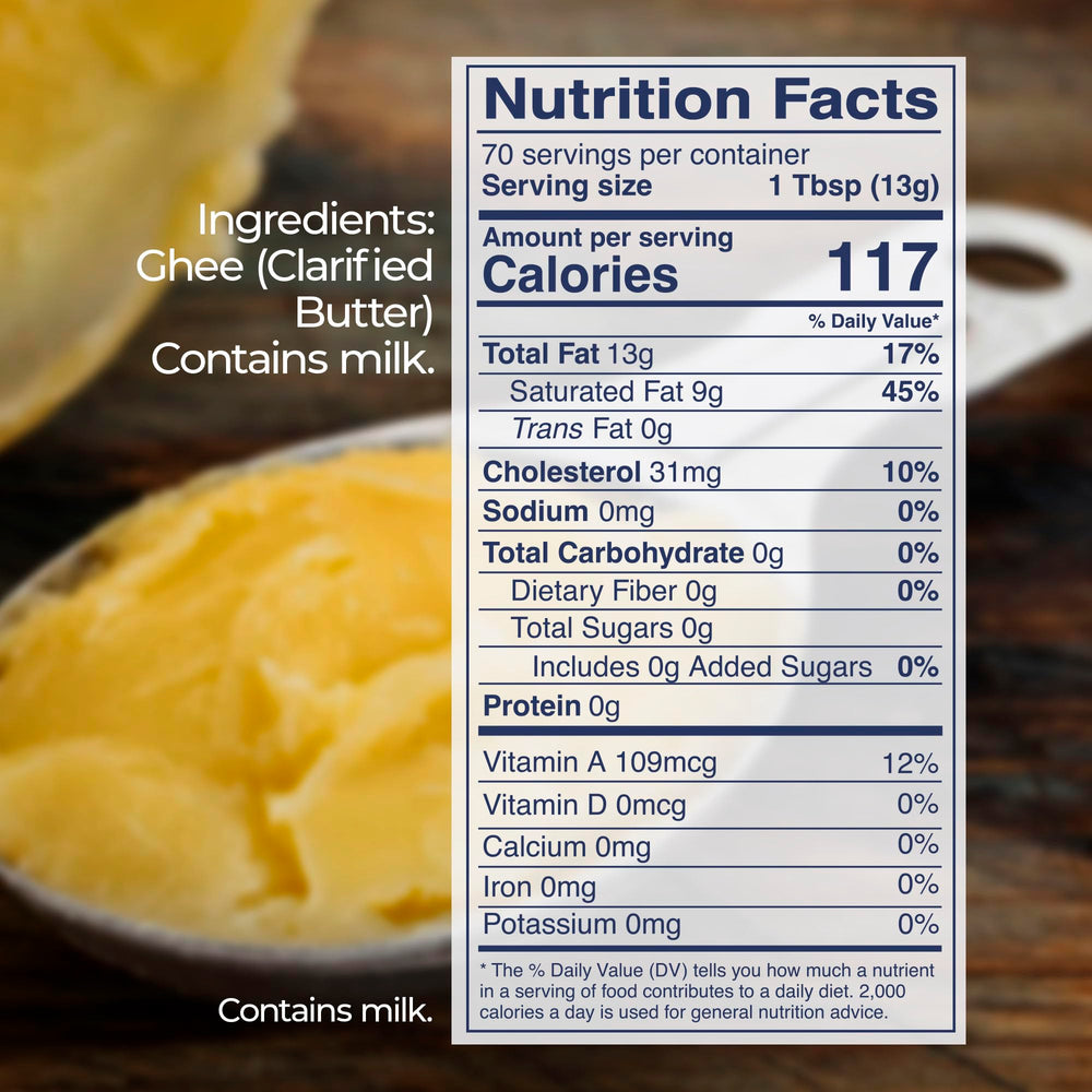 Kevala clarified butter ghee jar closeup shows lactose- and casein-free formula.