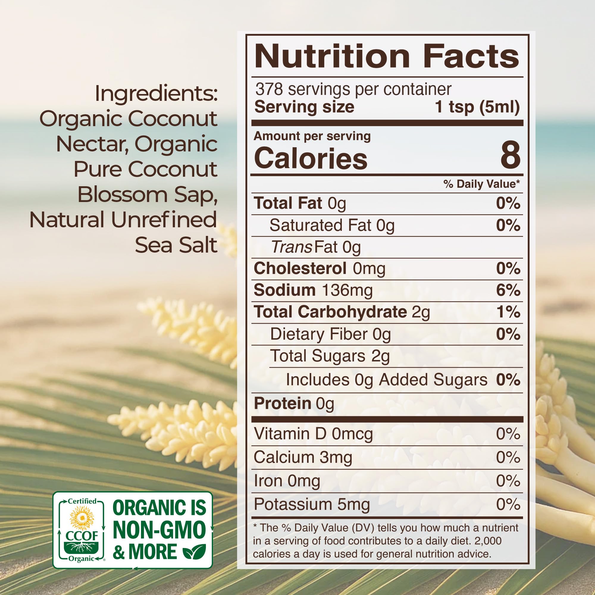 Kevala Organic Coconut Aminos ingredients closeup highlights organic, non-GMO, clean-label base.
