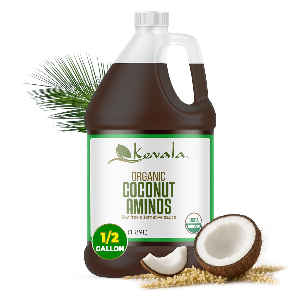 Kevala Coconut Aminos bottle pour—gluten-free, soy-free seasoning for weeknight dinners.