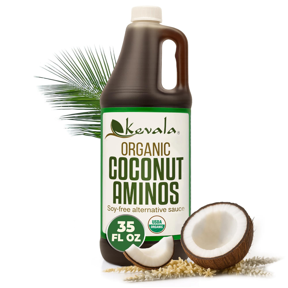 Kevala Coconut Aminos bottle being poured, a soy-free sauce alternative for stir-fries
