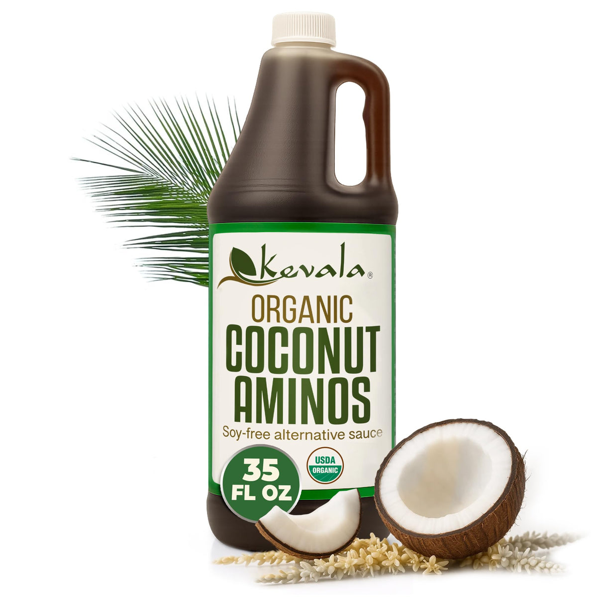 Kevala Coconut Aminos bottle being poured, a soy-free sauce alternative for stir-fries