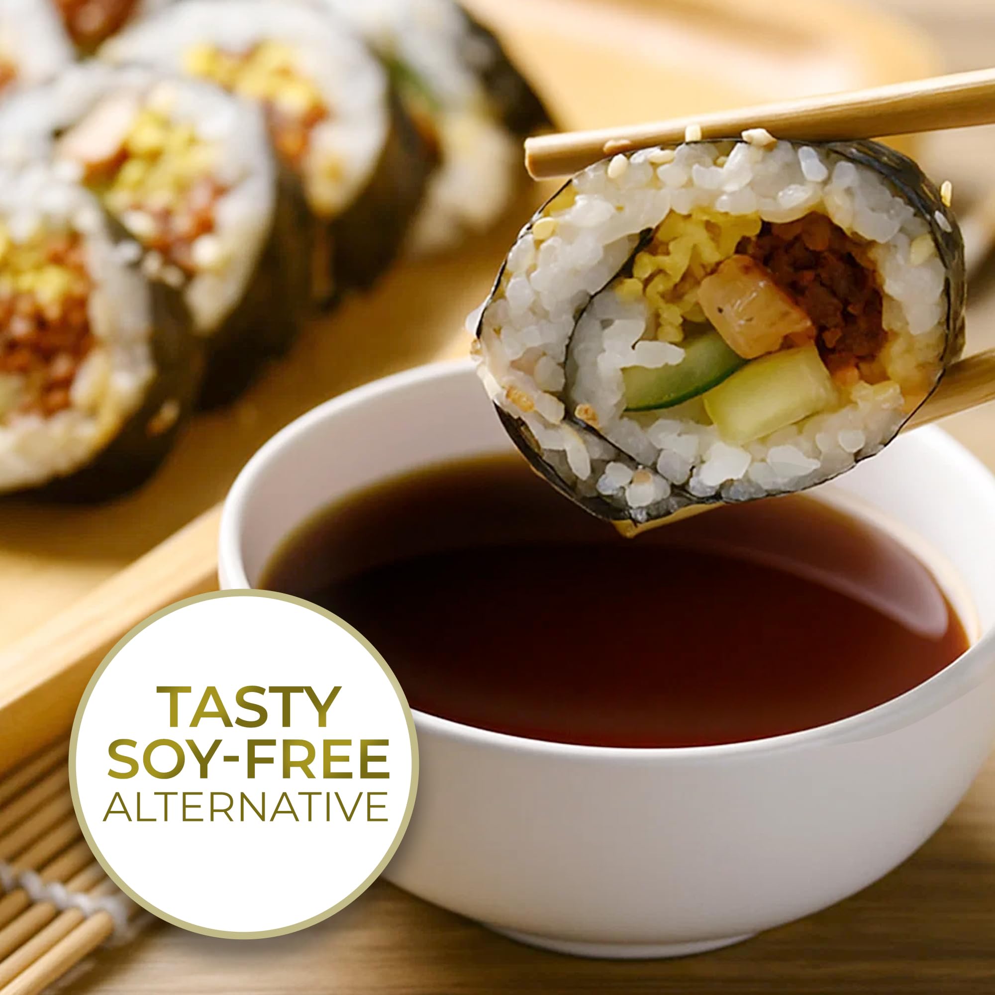 Kevala Coconut Aminos glass bottle demonstrates low-sodium seasoning for stir-fries.