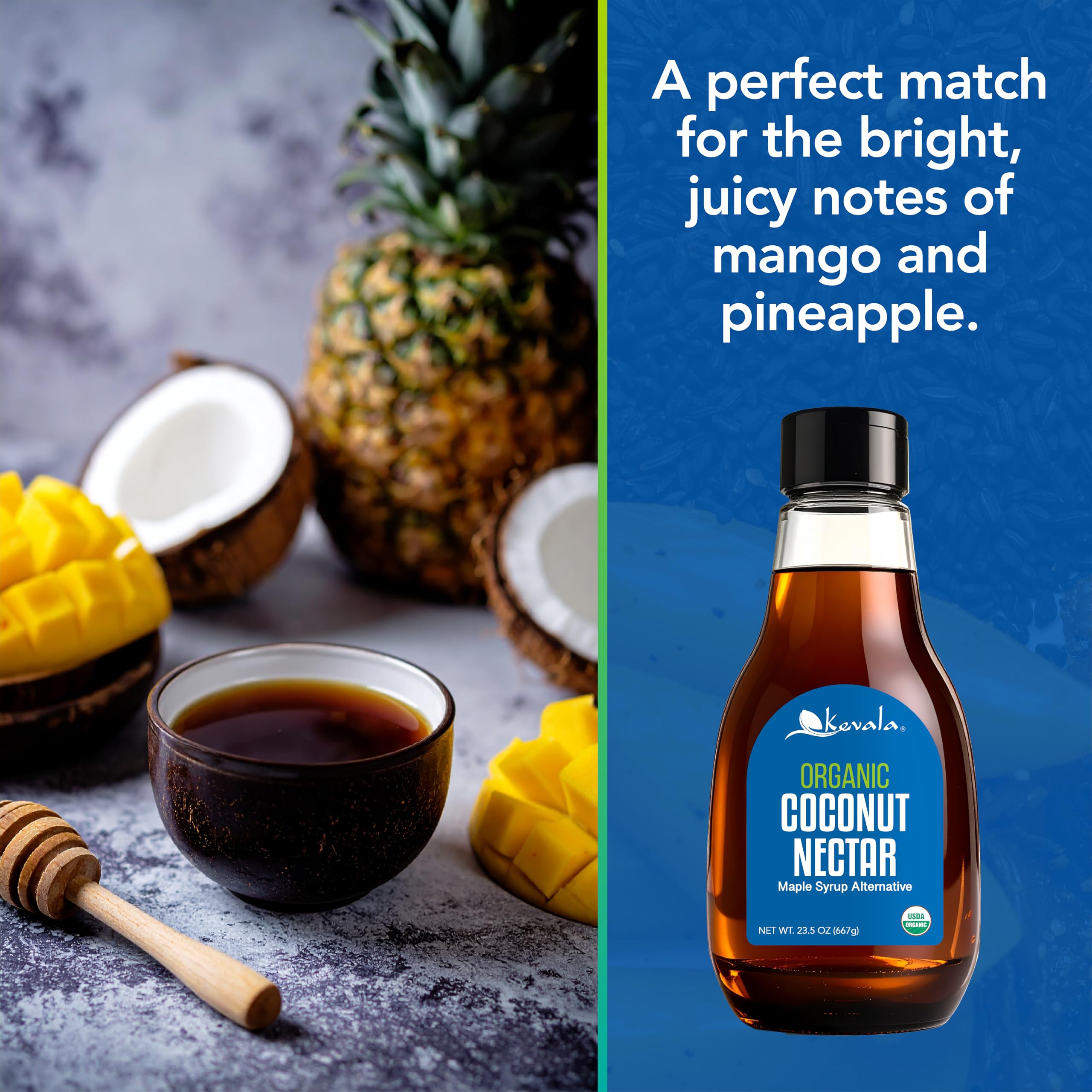Kevala Organic Coconut Nectar drizzle over pancakes offers maple-syrup alternative with tropical aroma