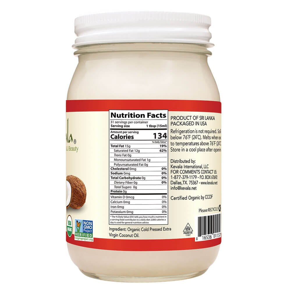 Pouring Kevala coconut oil, ideal for cooking and skincare routines.