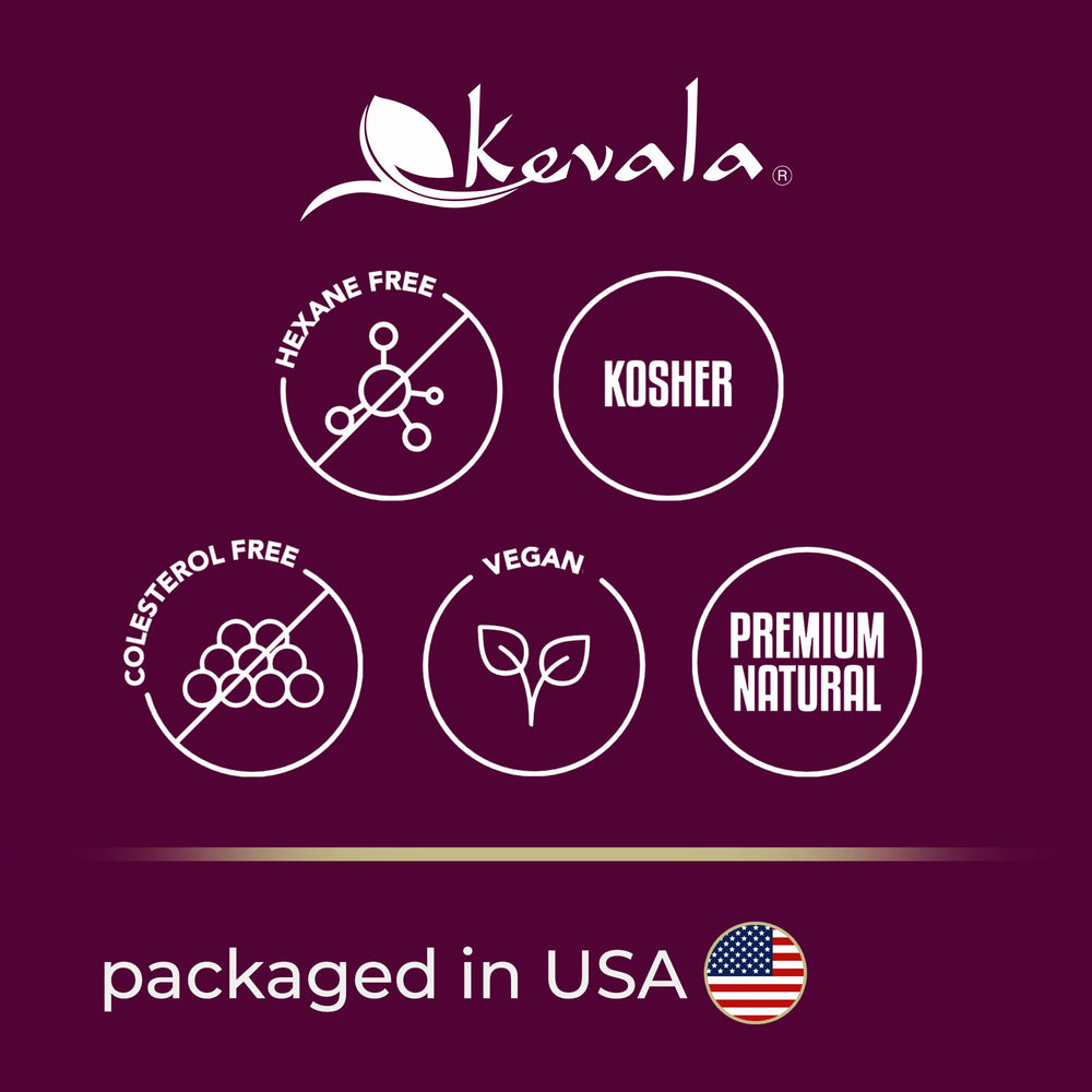 Expeller-pressed Kevala grapeseed oil label emphasizing purity.