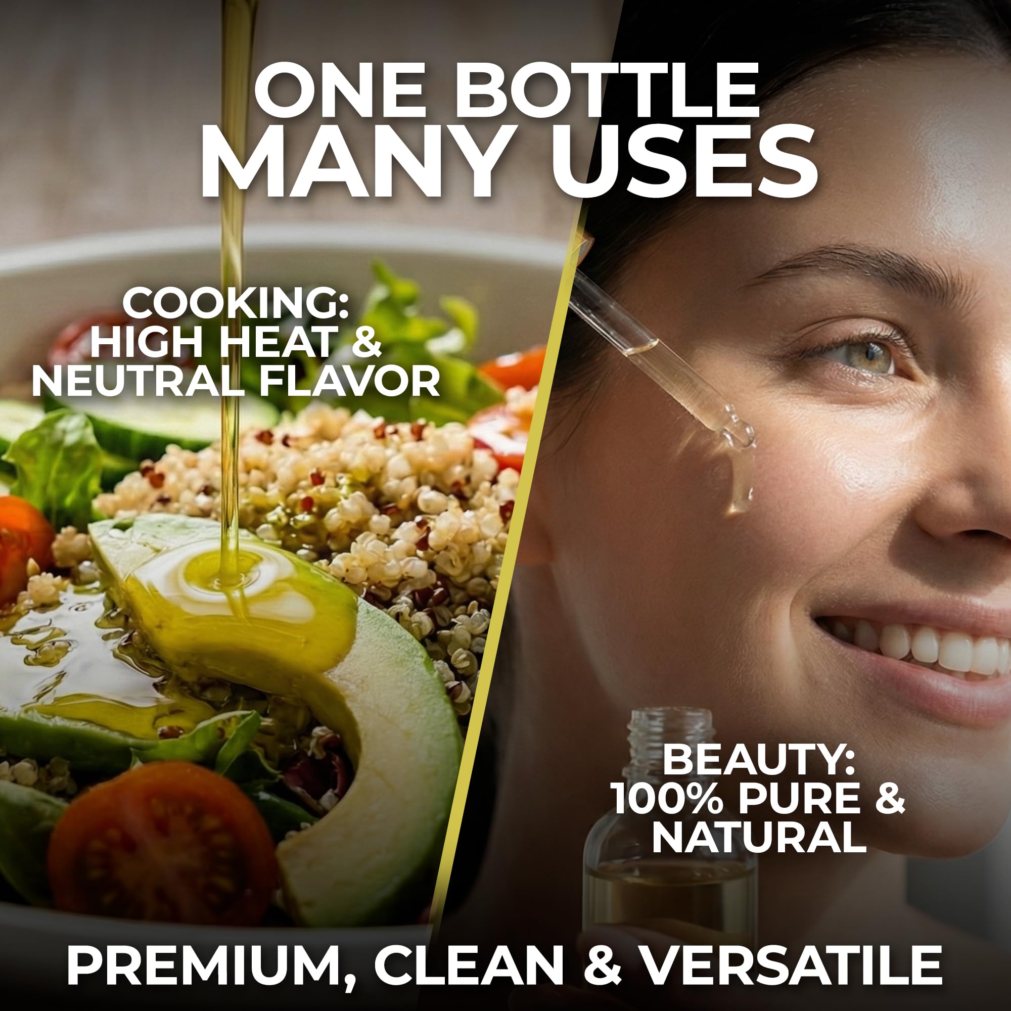 Kevala grapeseed oil shown with hair care usage and masks.
