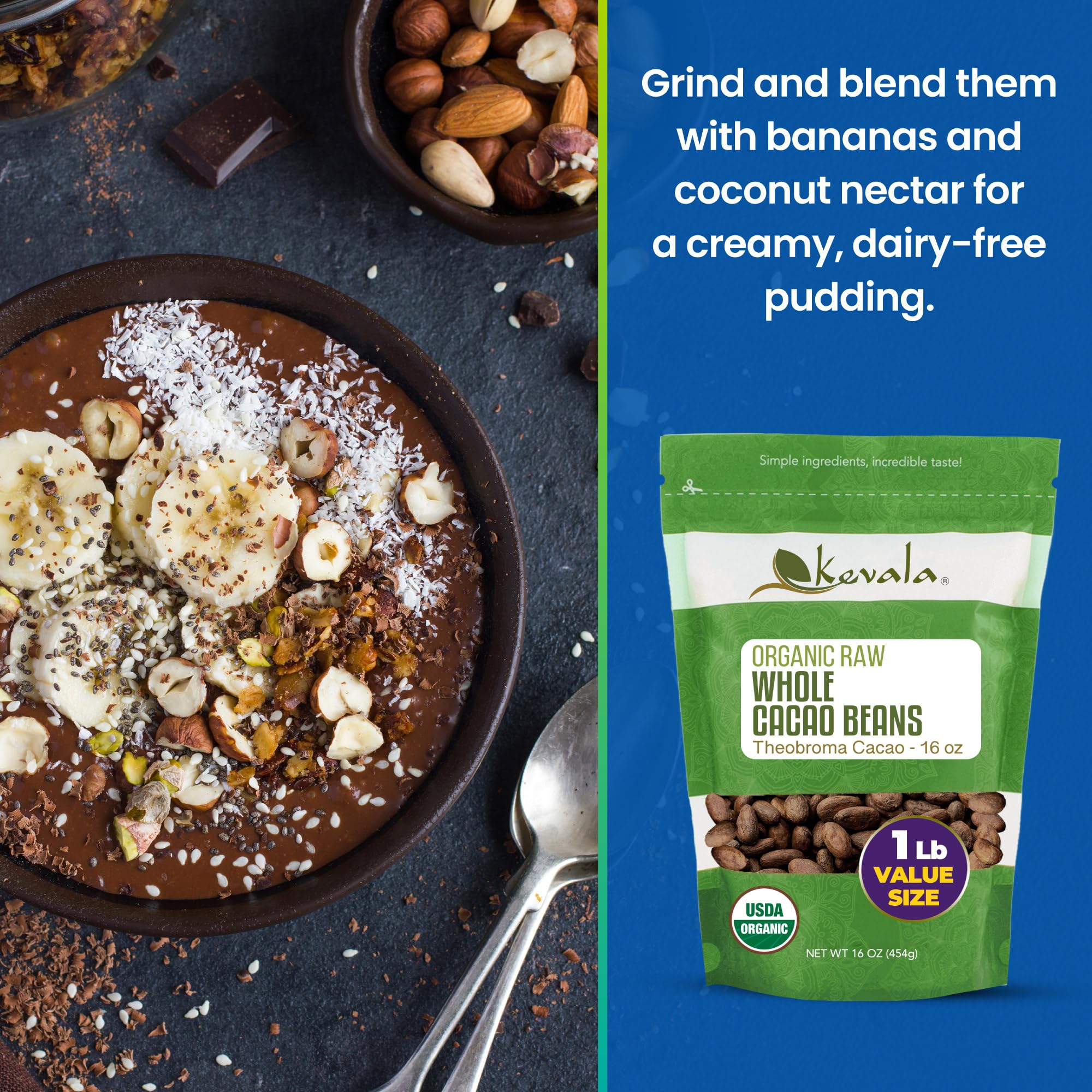 Kevala cacao beans ground into cacao powder for rich baking and drinking.