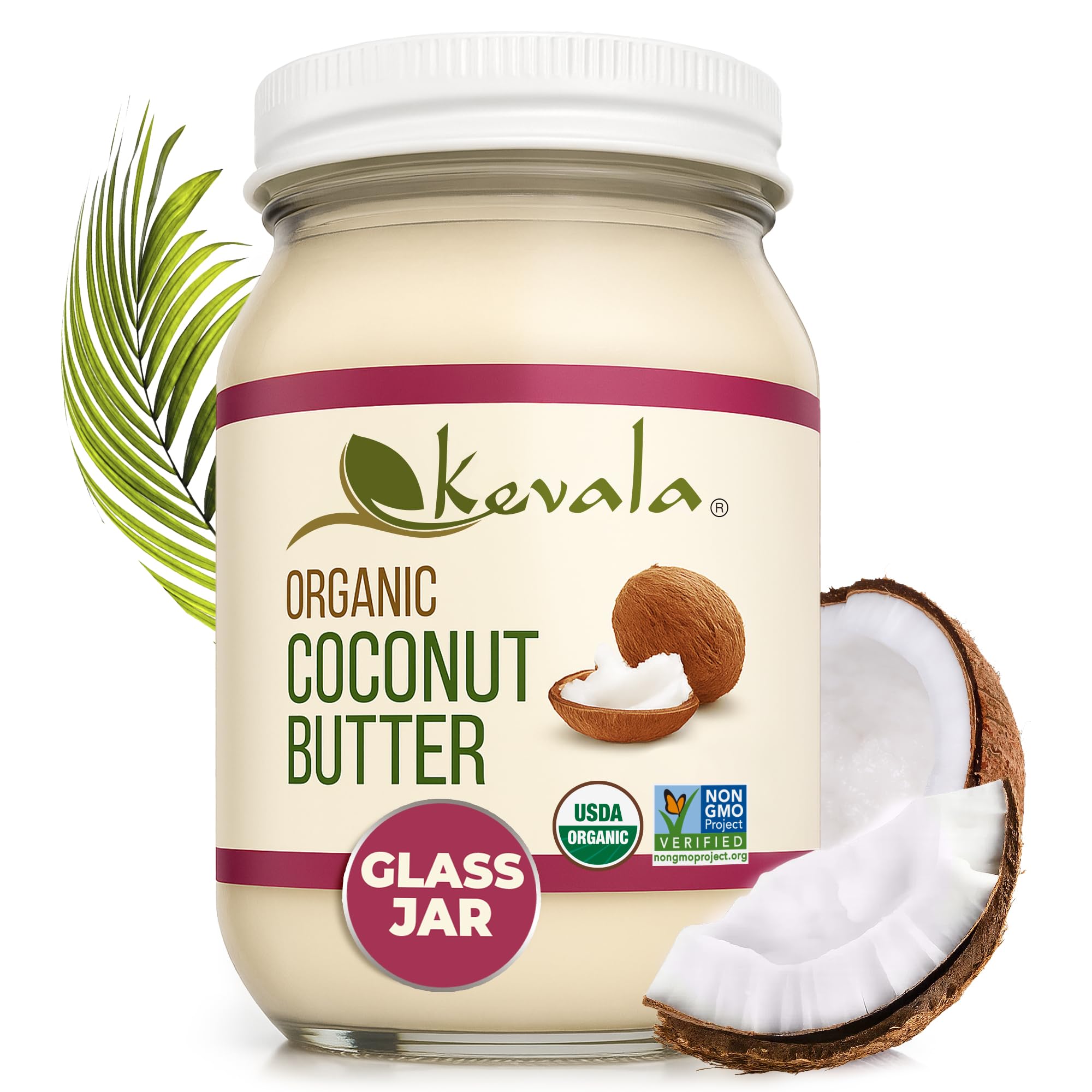 Kevala organic coconut butter in a glass jar ready for spreading
