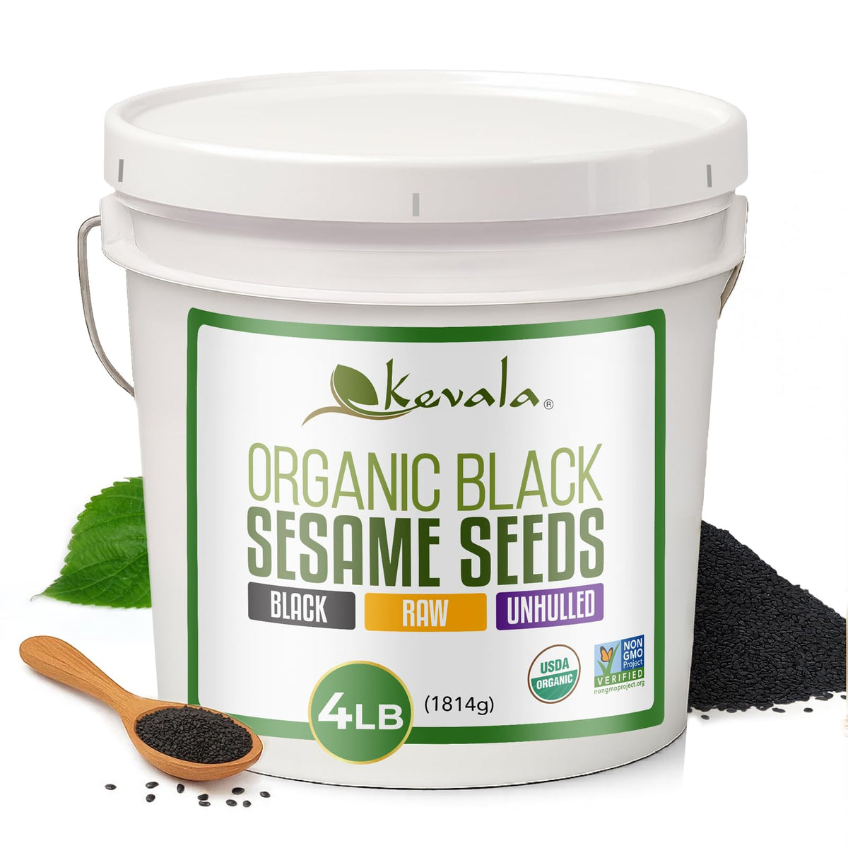 Kevala organic raw black sesame seeds in a bucket for pantry storage.