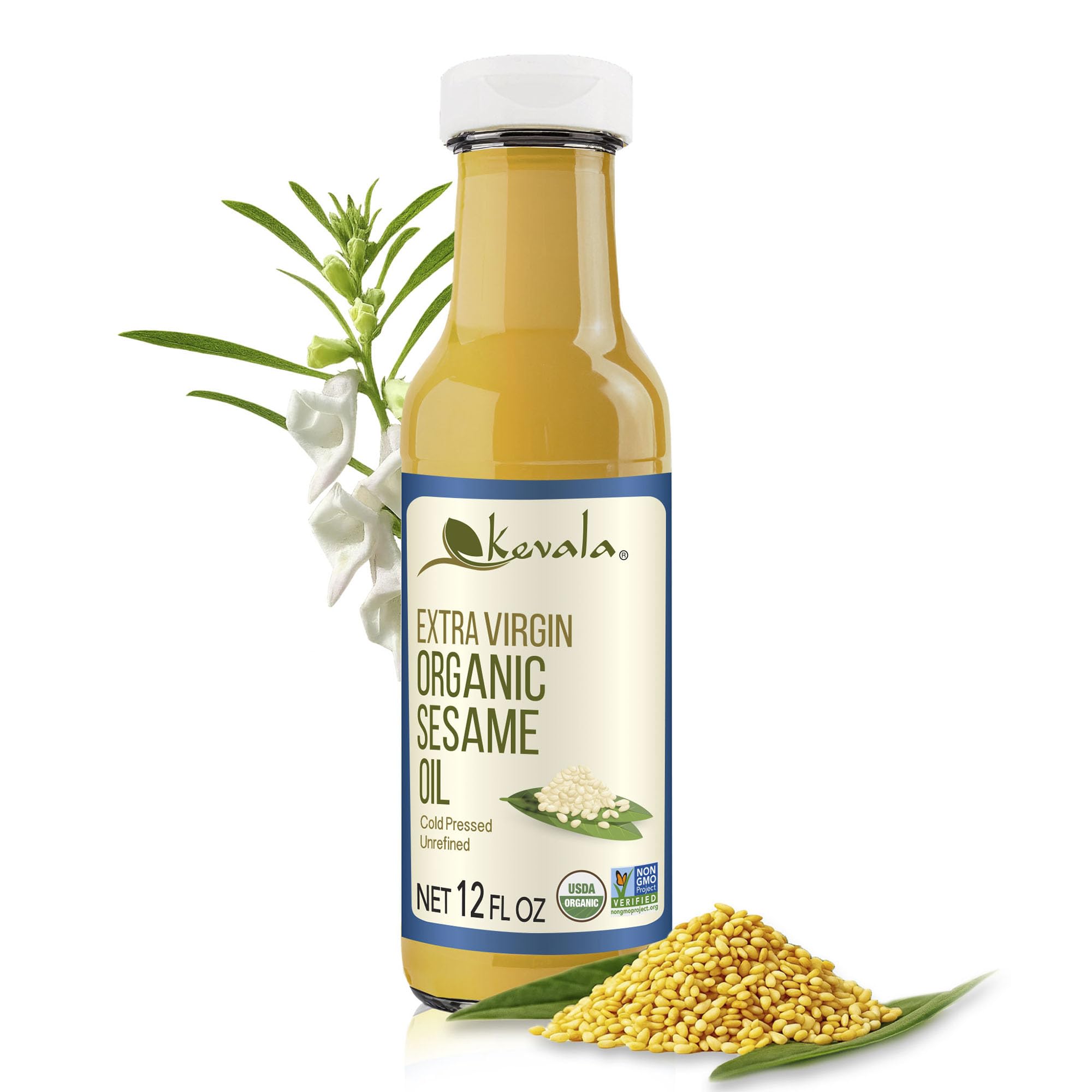 Kevala organic sesame oil bottle with premium, cold-pressed oil for cooking and wellness