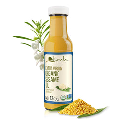 Kevala organic sesame oil bottle with premium, cold-pressed oil for cooking and wellness