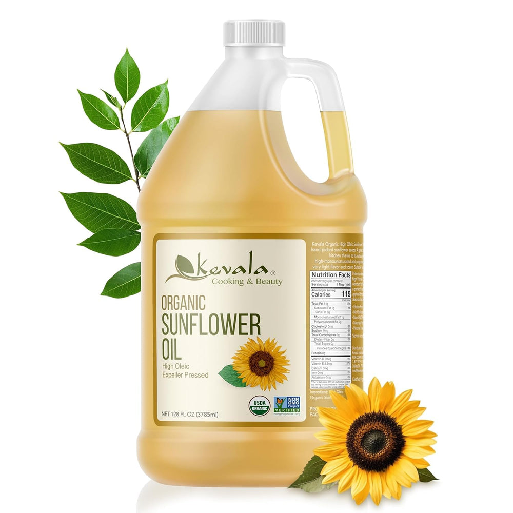 Kevala Organic Sunflower Oil bottle pour for cooking and dressings with a light flavor.