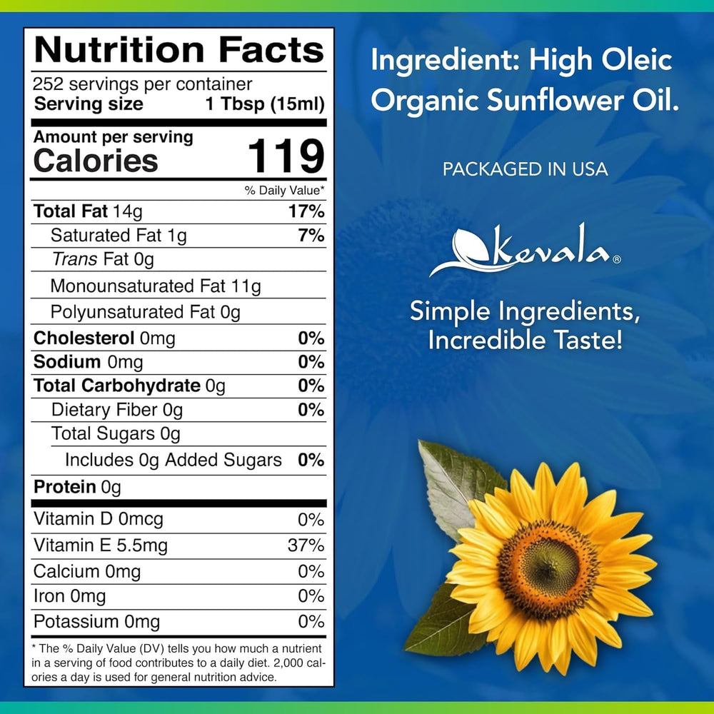 Kevala Organic Sunflower Oil label closeup emphasizes certified quality for healthy meals.