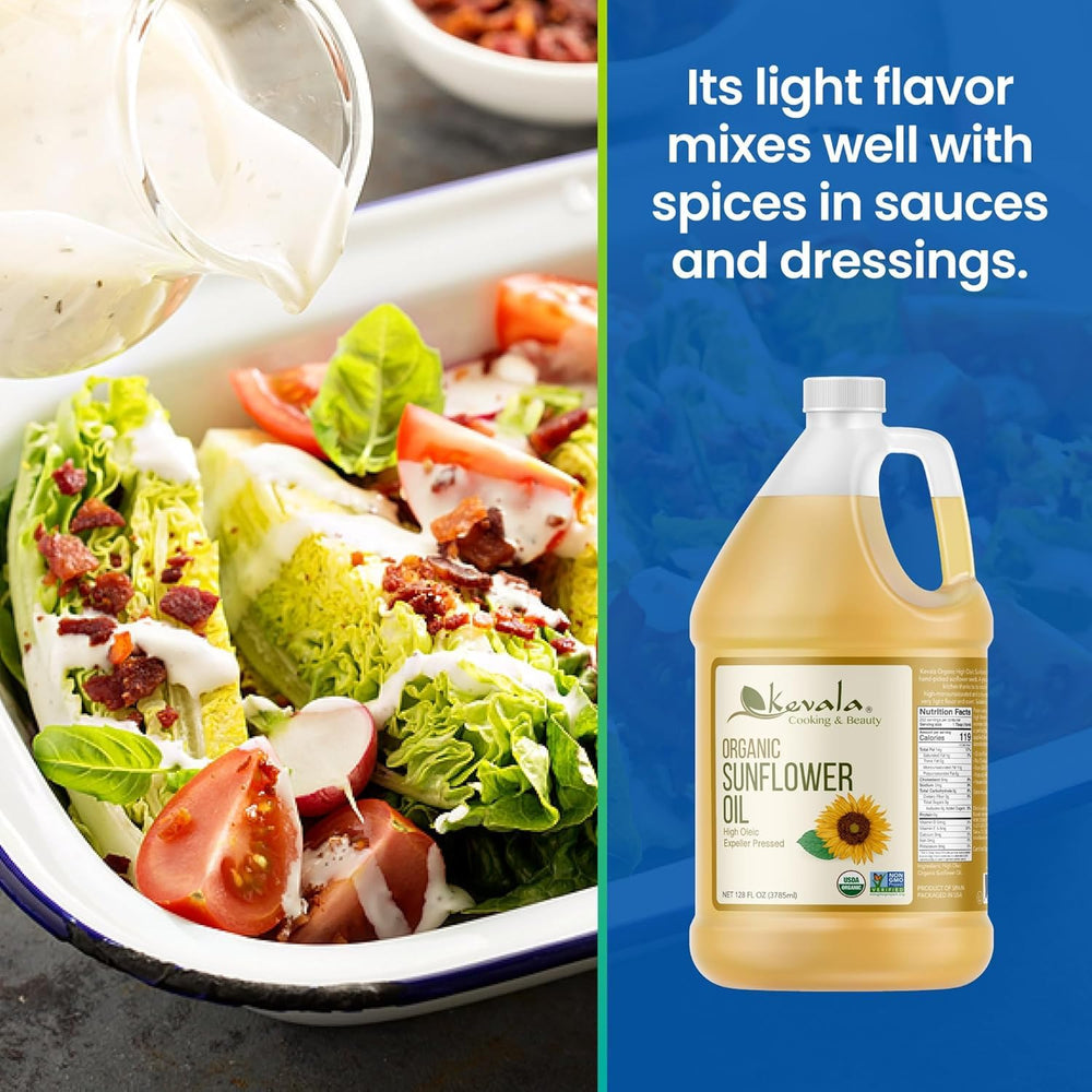 Kevala Organic Sunflower Oil roasting vegetables image highlights heart-healthy fats.