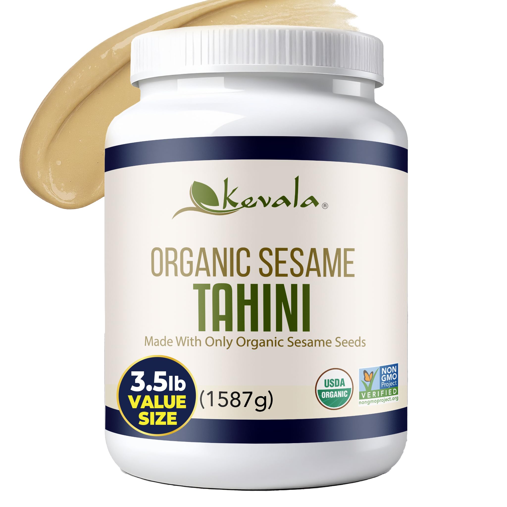 Kevala Organic Tahini bottle pour highlights smooth, nutty drizzle ideal for hummus and dressings.