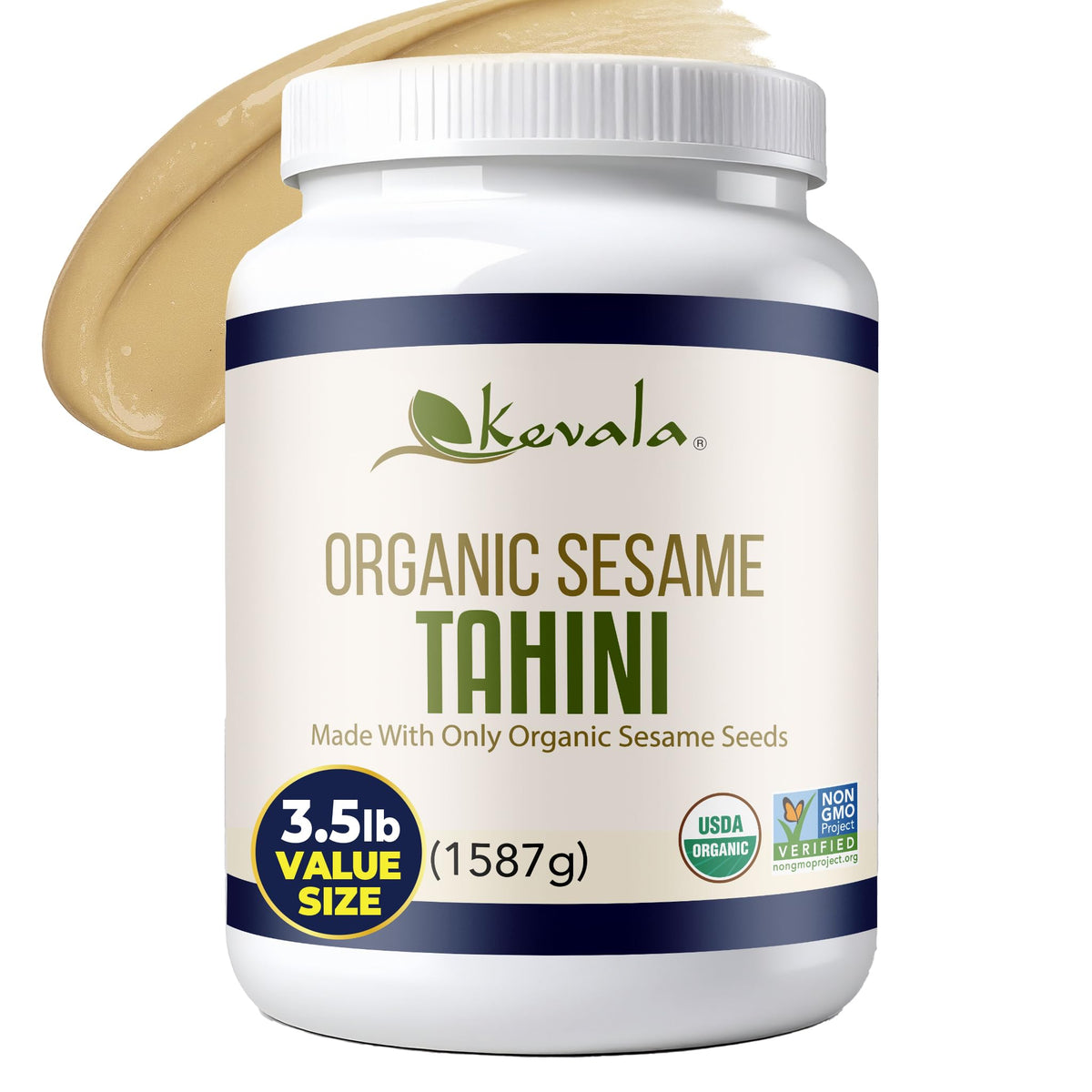 Kevala Organic Tahini bottle pour highlights smooth, nutty drizzle ideal for hummus and dressings.