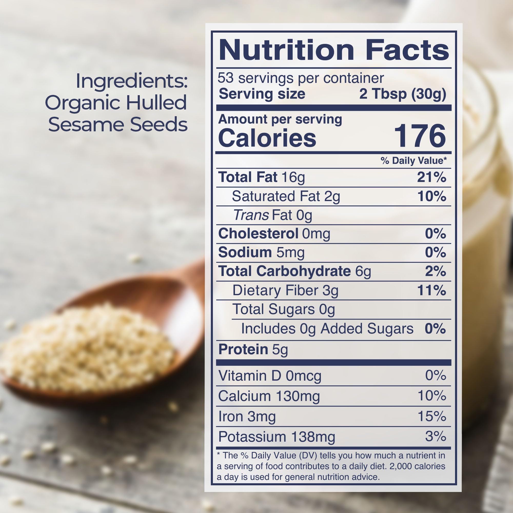 Kevala Organic Tahini jar spread shows creamy texture perfect for sauces and desserts.