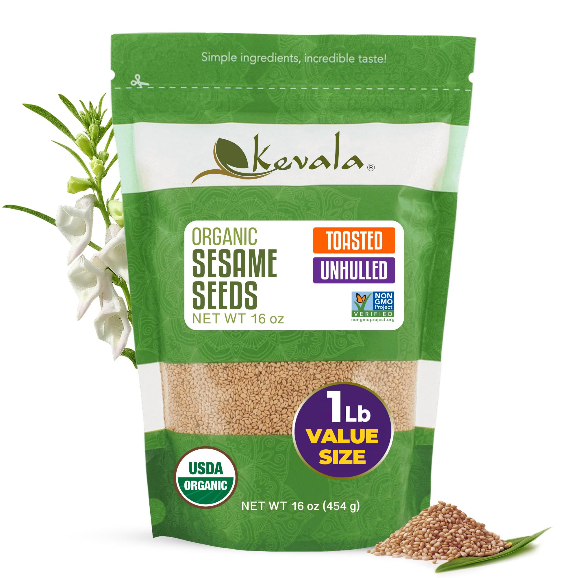 Kevala Organic toasted sesame seeds bag close-up, a versatile pantry staple for snacking and cooking.