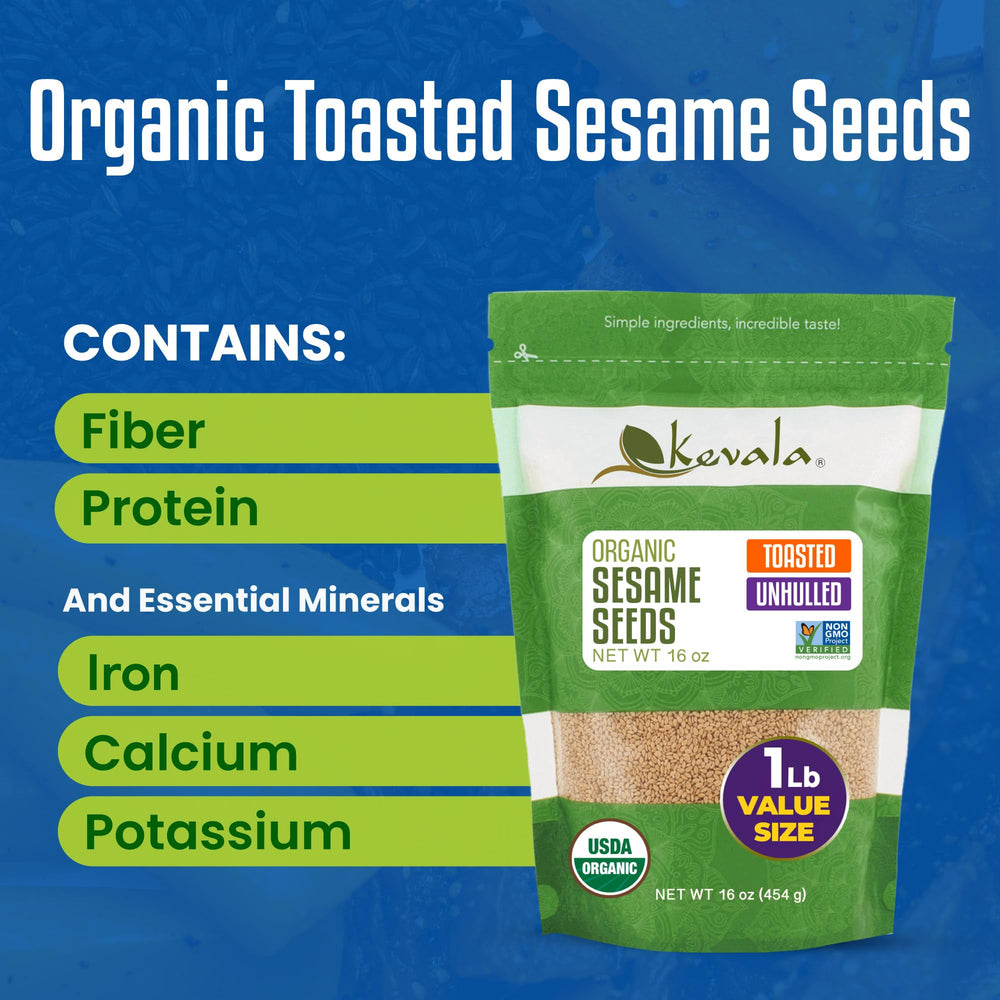 Kevala Organic toasted sesame seeds in a bowl, perfect topping for rice and desserts.